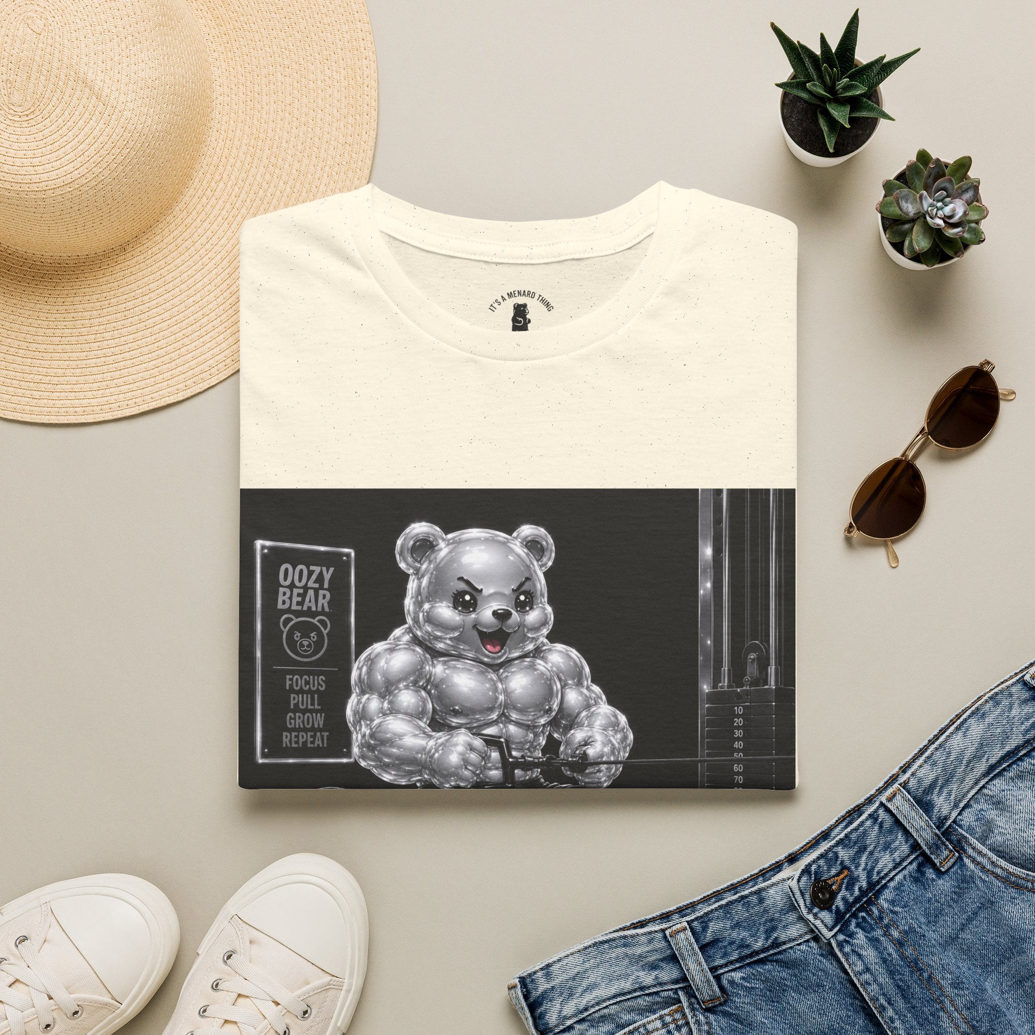 Working on the Bench, Silver Oozy Buff Bear Gummy Gym Addition- Adult Graphic Shirt
