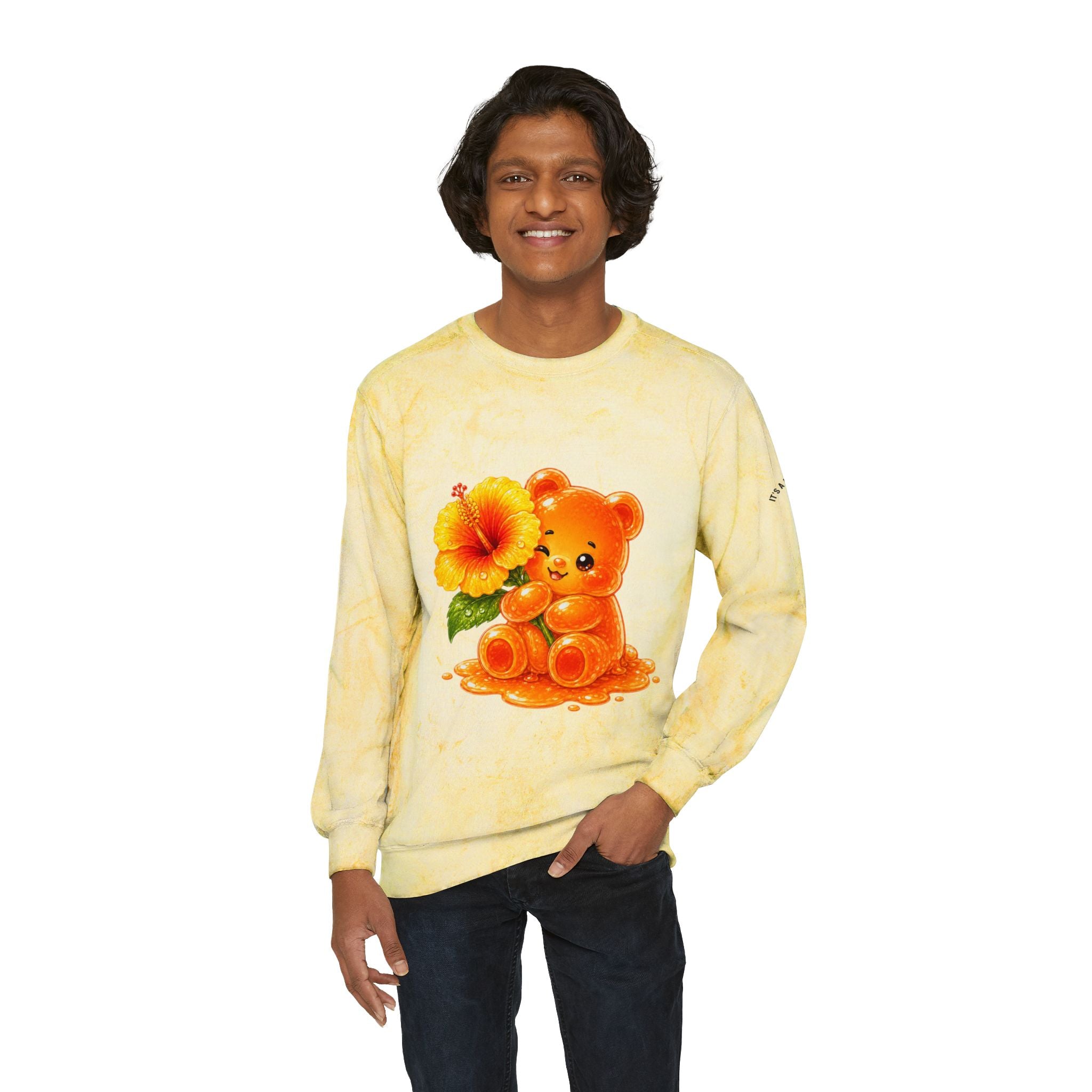 Hibiscus Sunrise, Orange Gooey Gummy Bear friend- Kawaii Graphic Sweatshirt