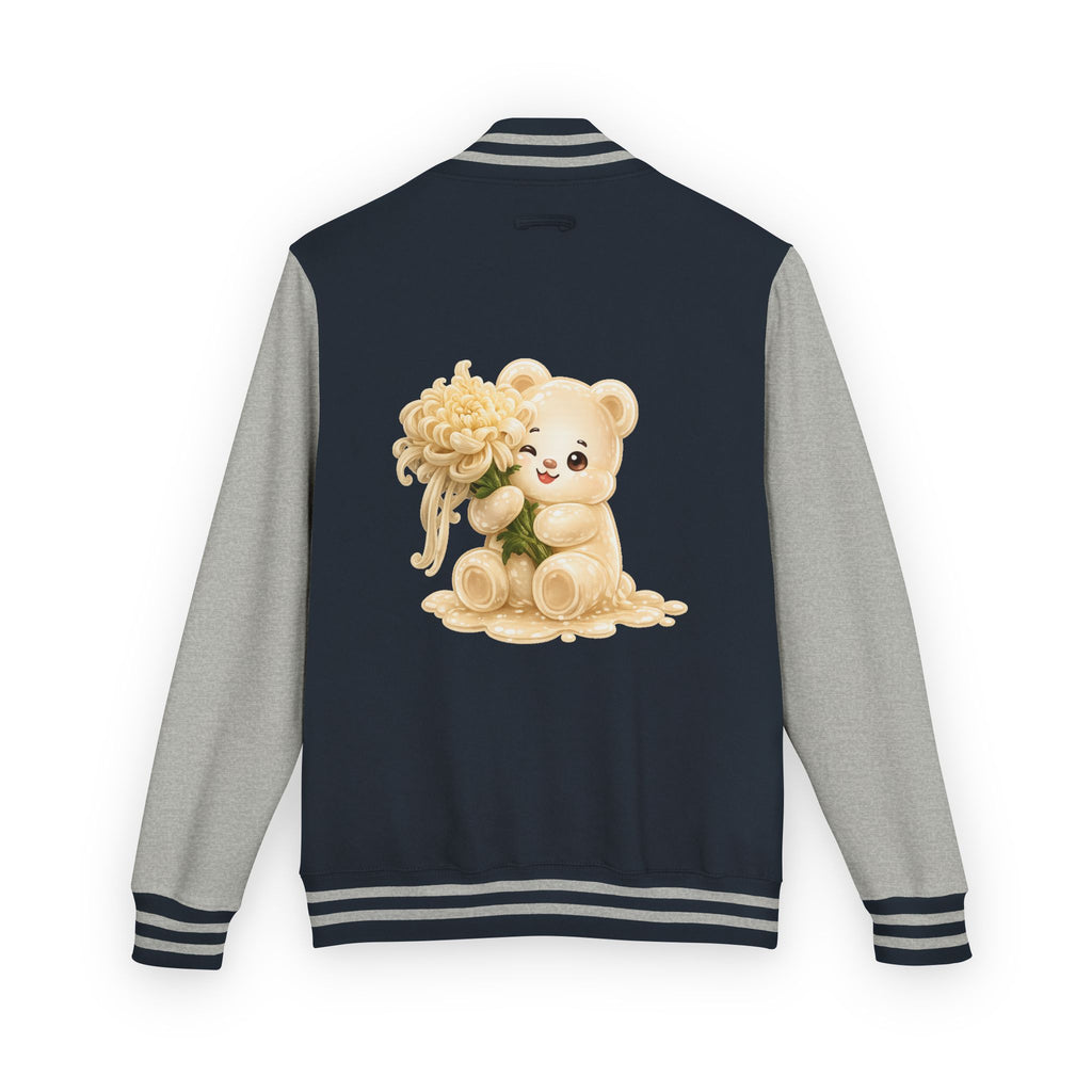 Creamy White Chrysanthemum Flower Addition, White Oozy Bear Gummy Friend- Lettermen Graphic Jacket