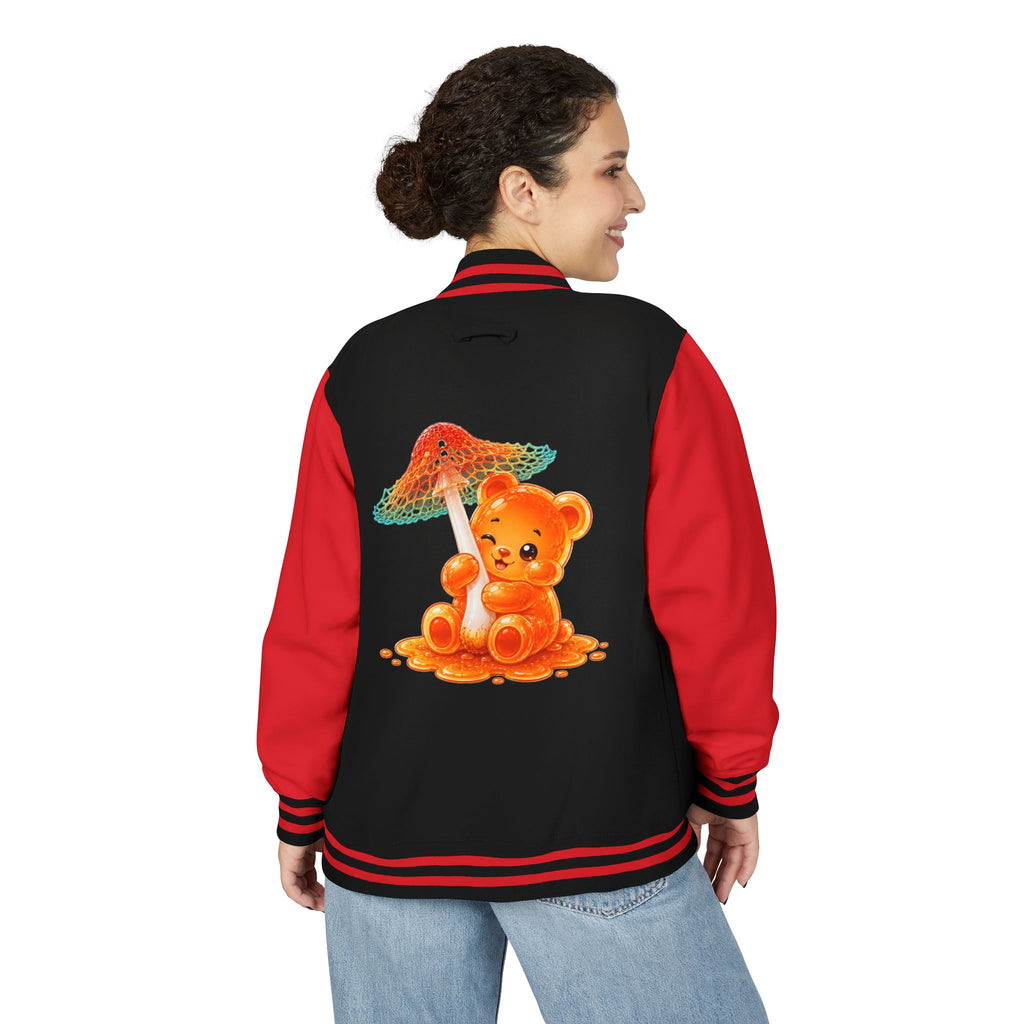 Pretty Orange and Teal Mushroom, Gooey Gummy Bear Friend — Kawaii Graphic Varsity Jacket