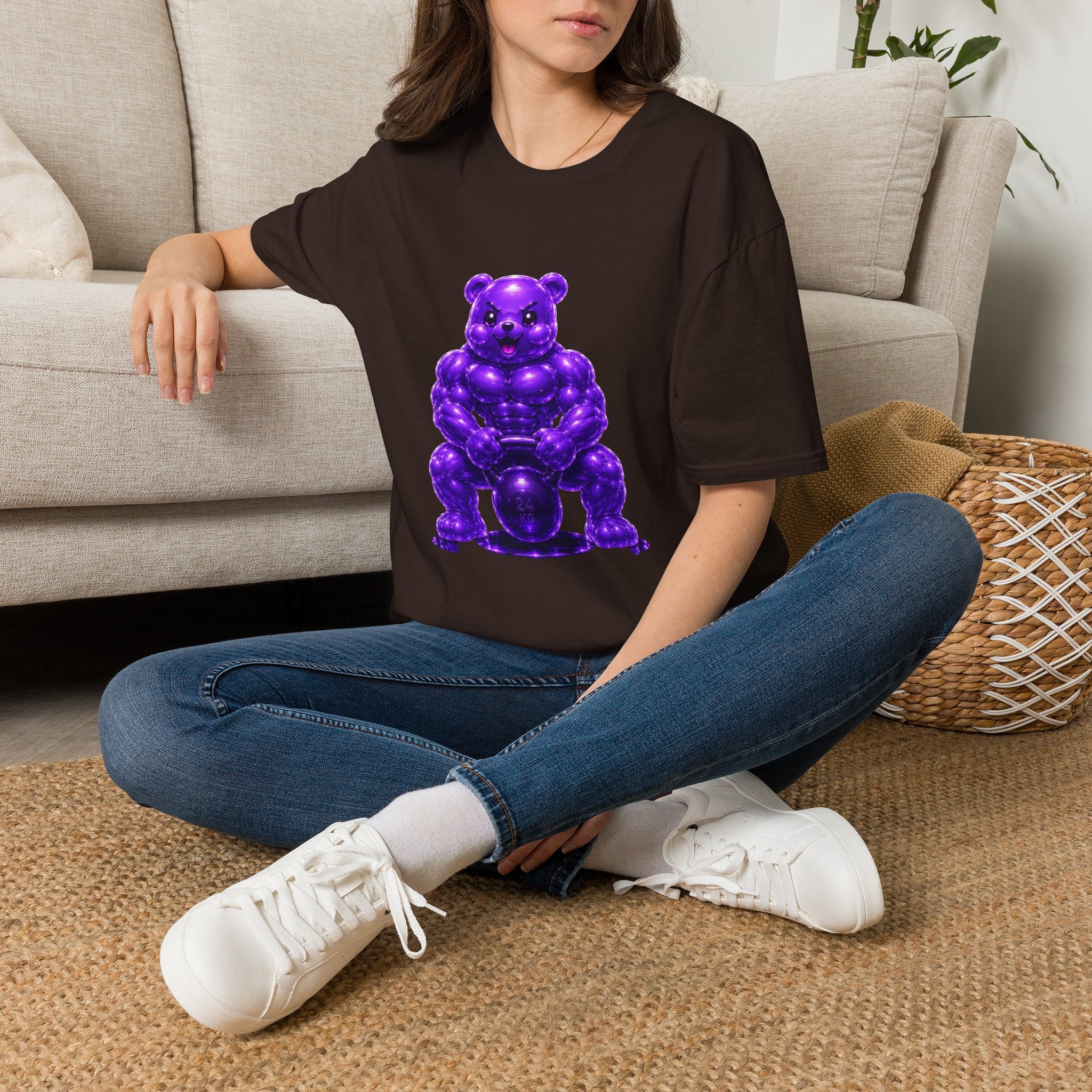 Brawny Violet Oozy Buff Bear with Kettleball Weight- Adult Graphic Shirt (18+)