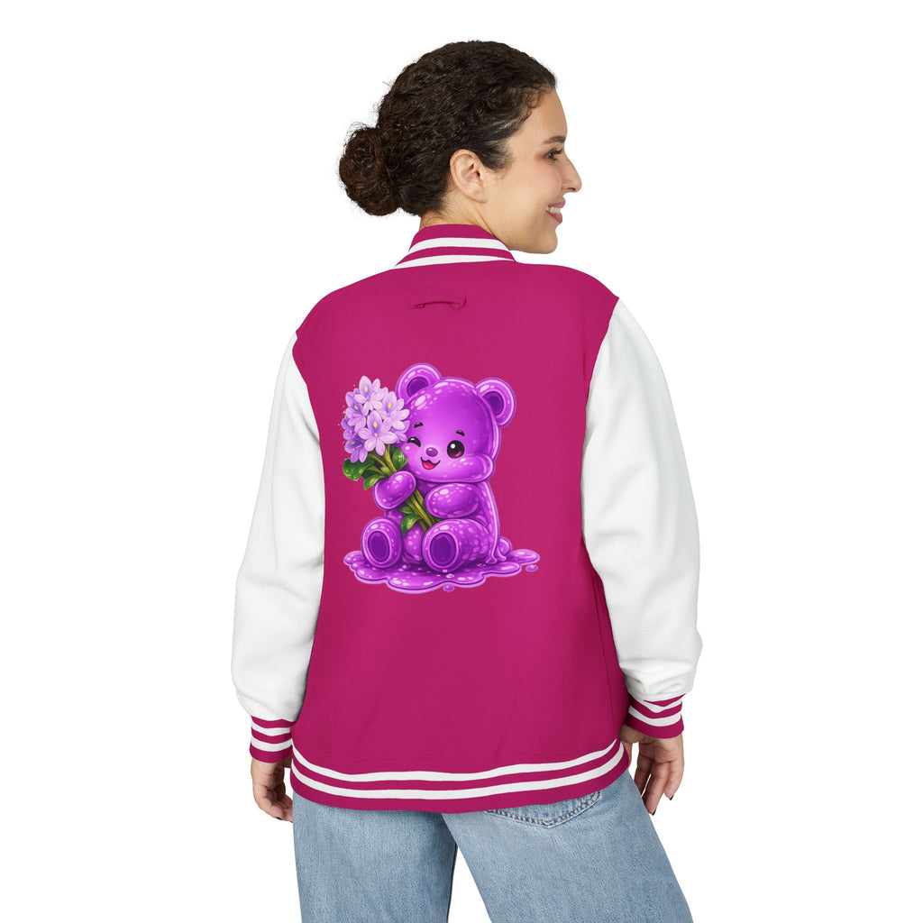 Special Purple Flower Cluster, Oozy Bear Gummy Friend- Letterman Graphic Jacket