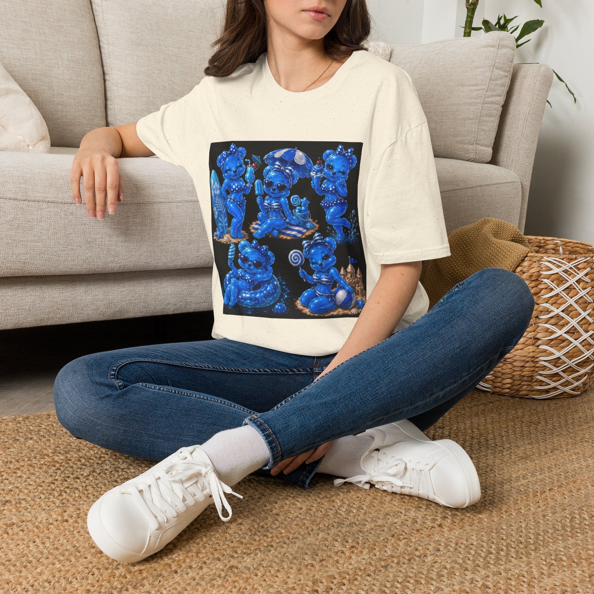 Retro Kawaii Blue Oozy Bear Pin Up Beach Babe- Adult Graphic Shirt (18+)