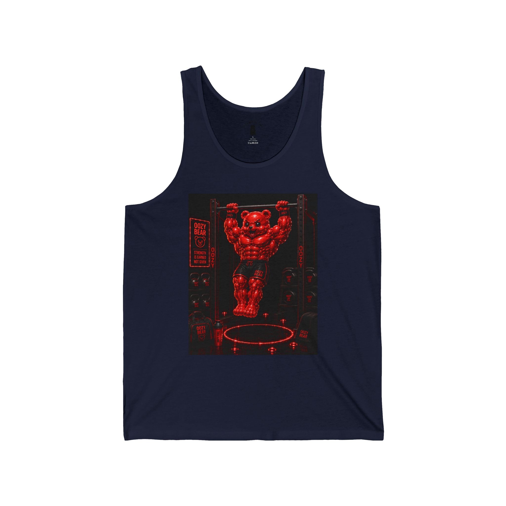 Bar lifting Workout, Crimson Oozy Buff Bear Gummy Gym Addition- Adult Graphic Tank Top