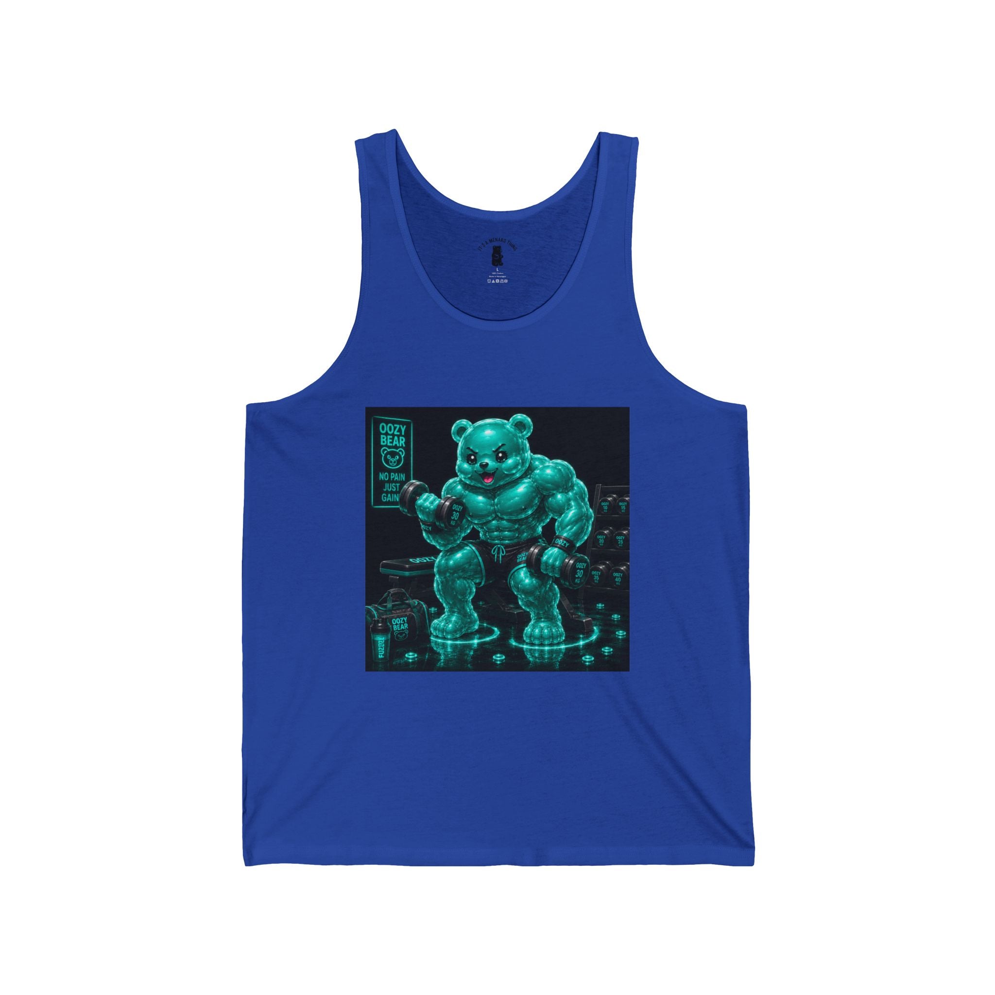 Neon Teal Workout, Oozy Buff Bear Gummy Gym Workout- Adult Graphic Tank Top