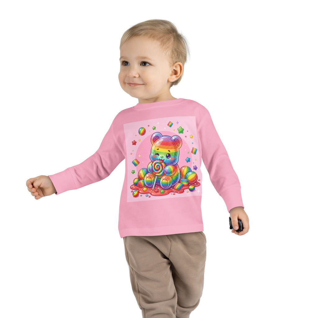 Rainbow Stripe Oozy Bear Gummy Special- Kids Graphic Long Sleeve Shirt
