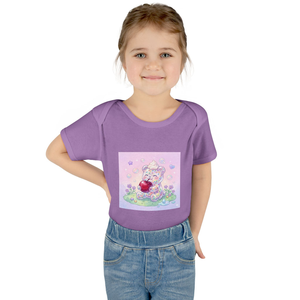 Gooey Gummy Birthday Sprinkles Cake bear eating a Cherry- Infant Onesie