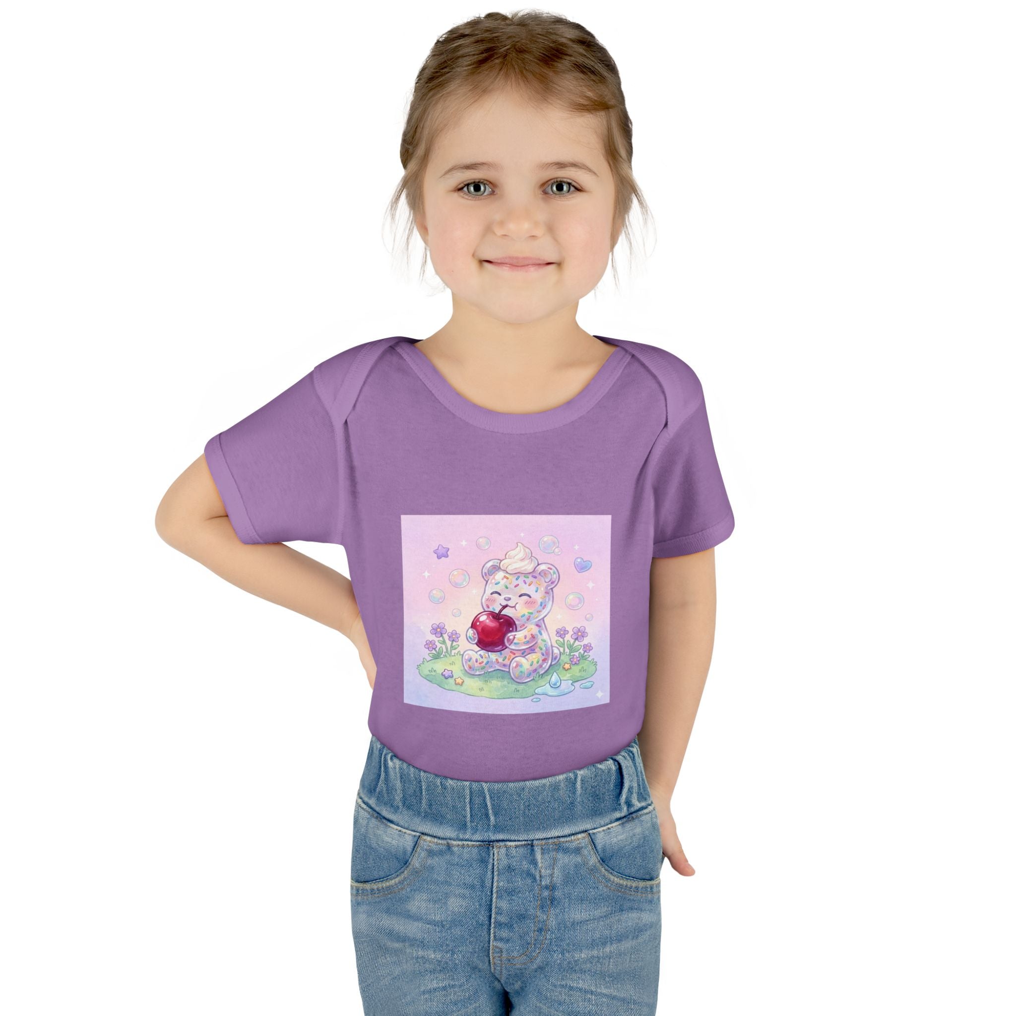 Gooey Gummy Birthday Sprinkles Cake bear eating a Cherry- Infant Onesie