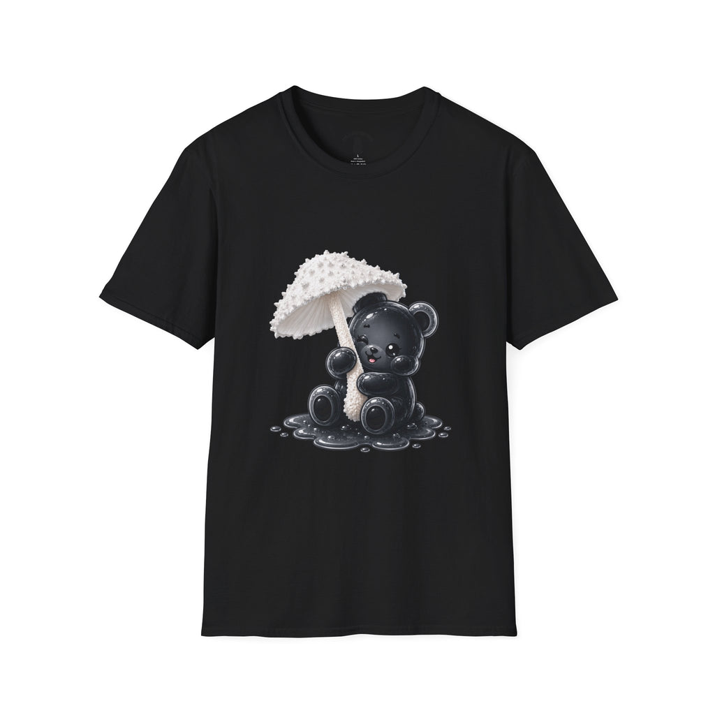 Beautiful Veiled White Mushroom, Black Oozy Bear Gummy Friend- Graphic Shirt
