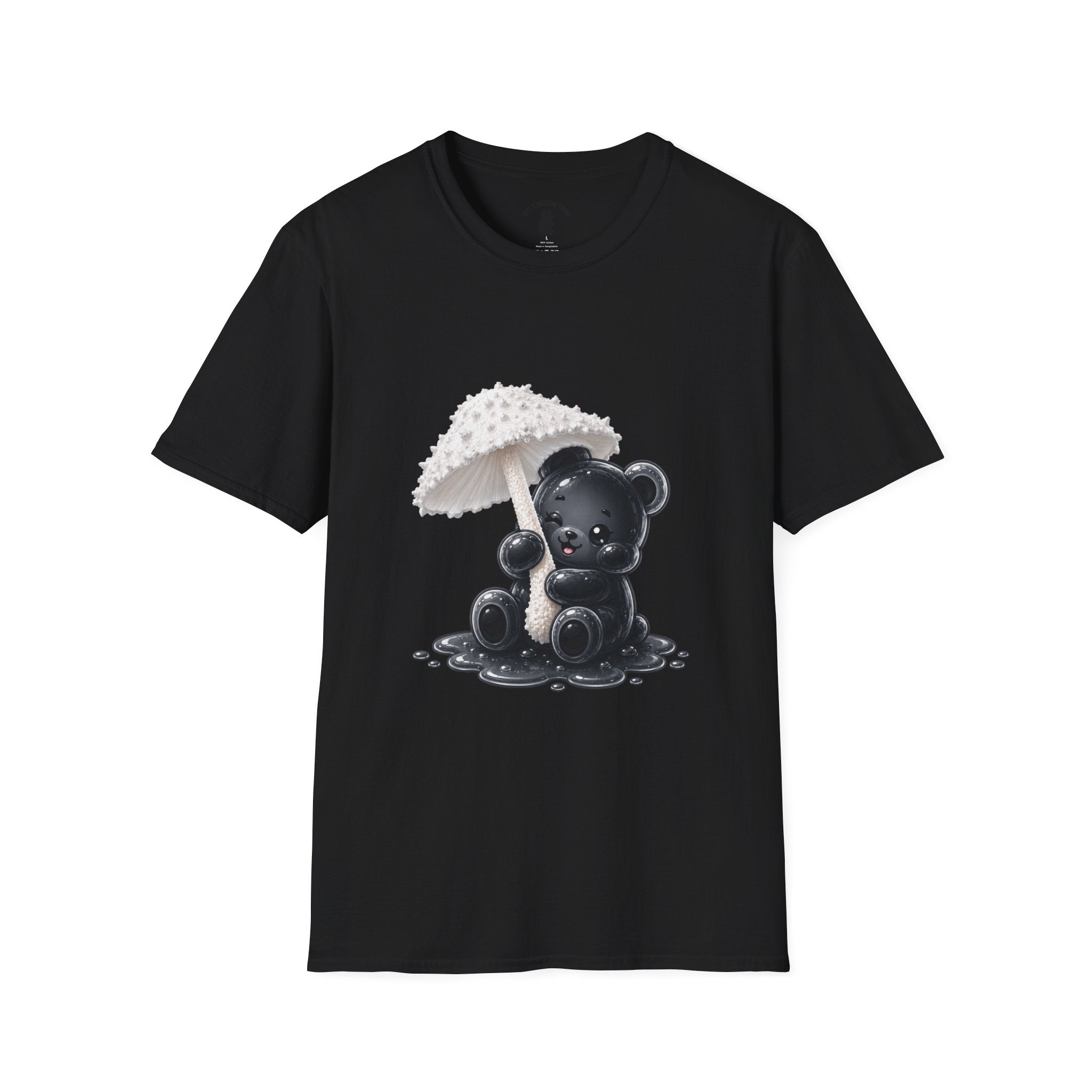 Beautiful Veiled White Mushroom, Black Oozy Bear Gummy Friend- Graphic Shirt