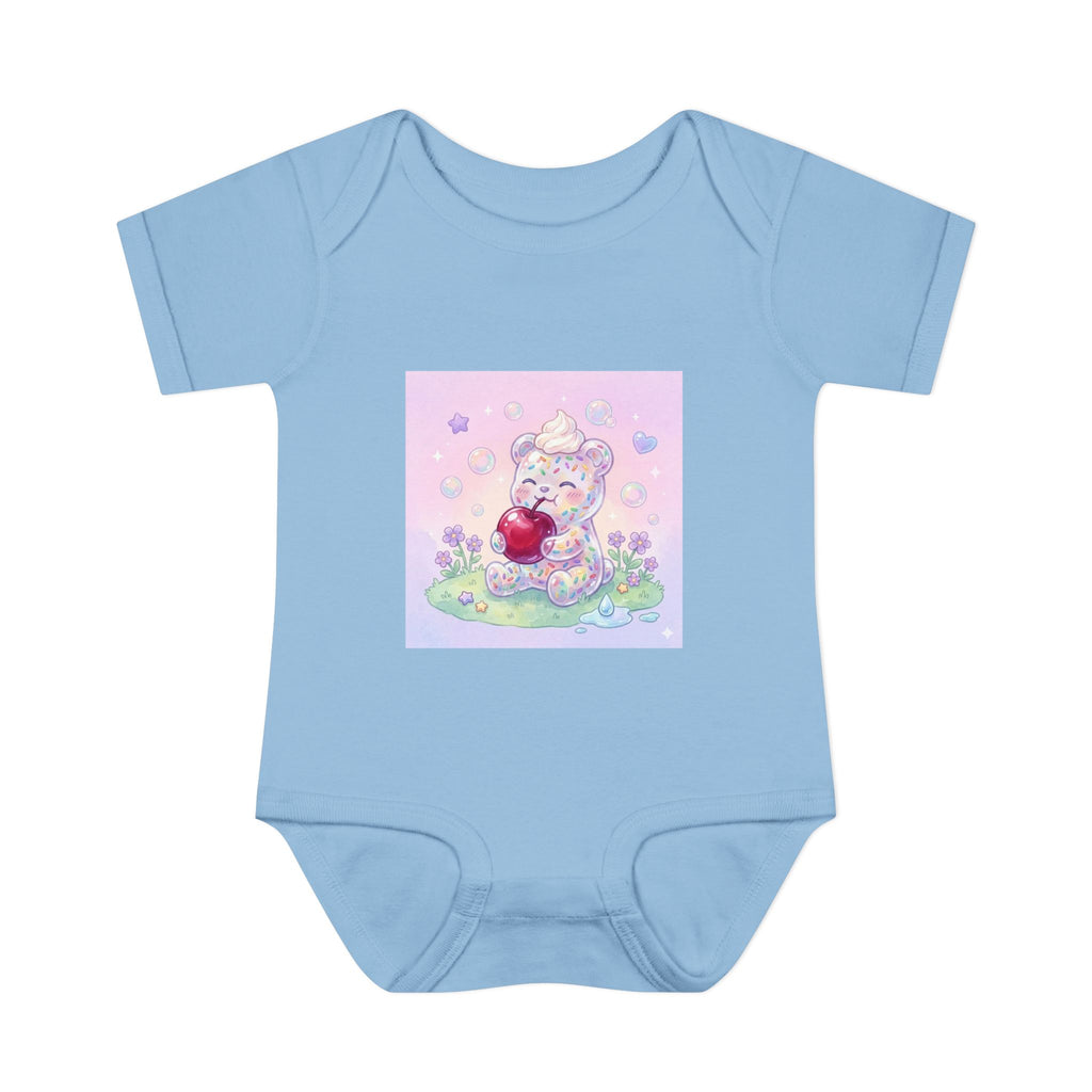 Gooey Gummy Birthday Sprinkles Cake bear eating a Cherry- Infant Onesie