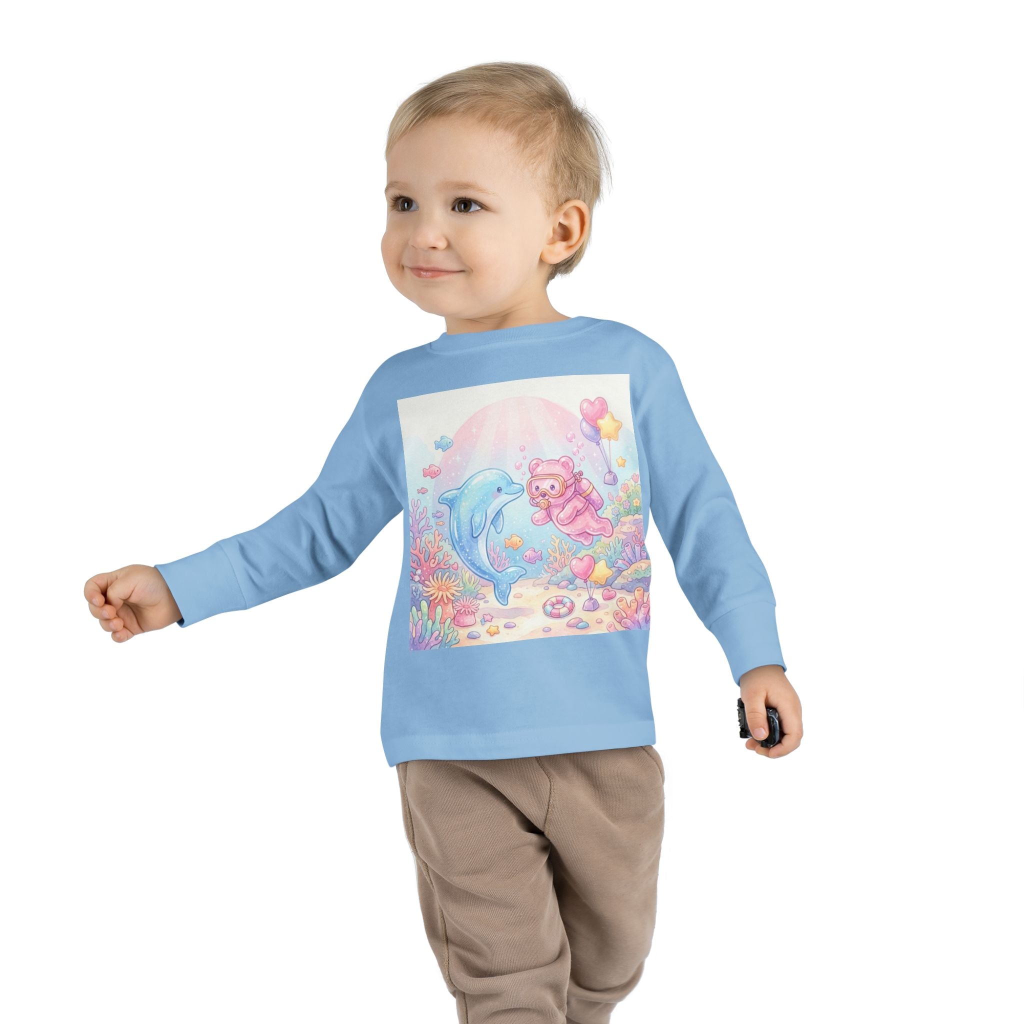 Cute Dolphin & Scuba Oozy Bear Pastel Underwater Friends- Graphic Long Sleeve Shirt