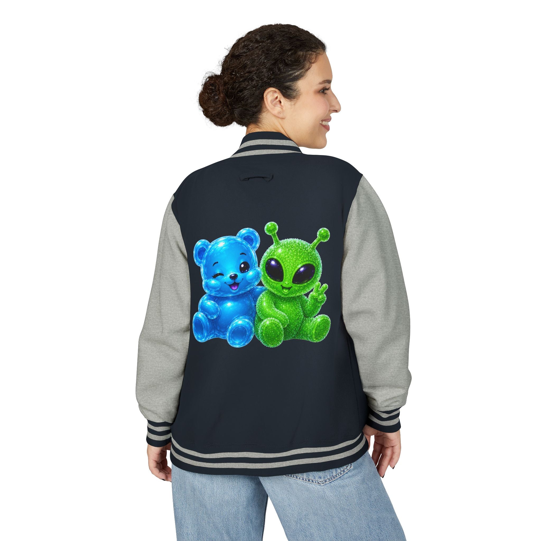 Green Alien and Blue Oozy Bear Gummy Special Addition- Letterman Graphic Jacket