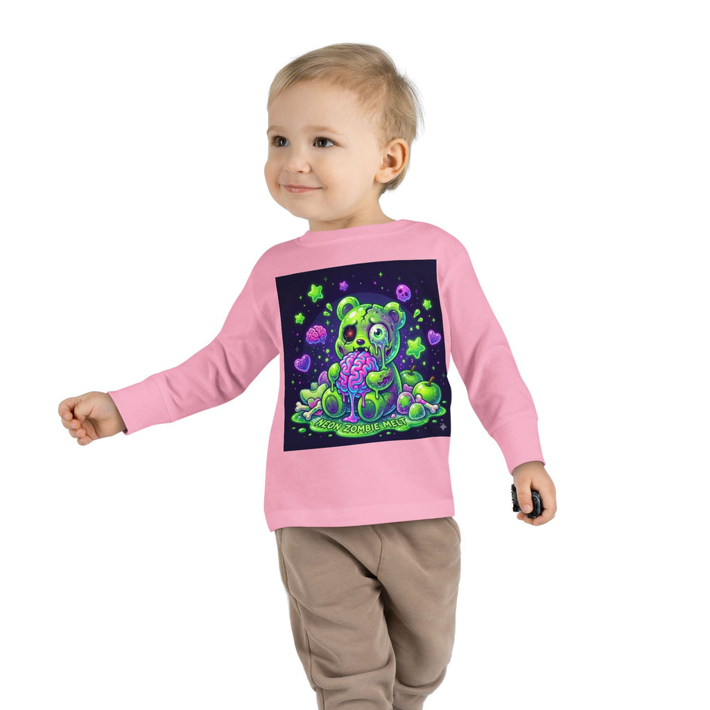 Neon Zombie Oozy Bear Gummy Halloween Addition- Kids Graphic Long Sleeve Shirt