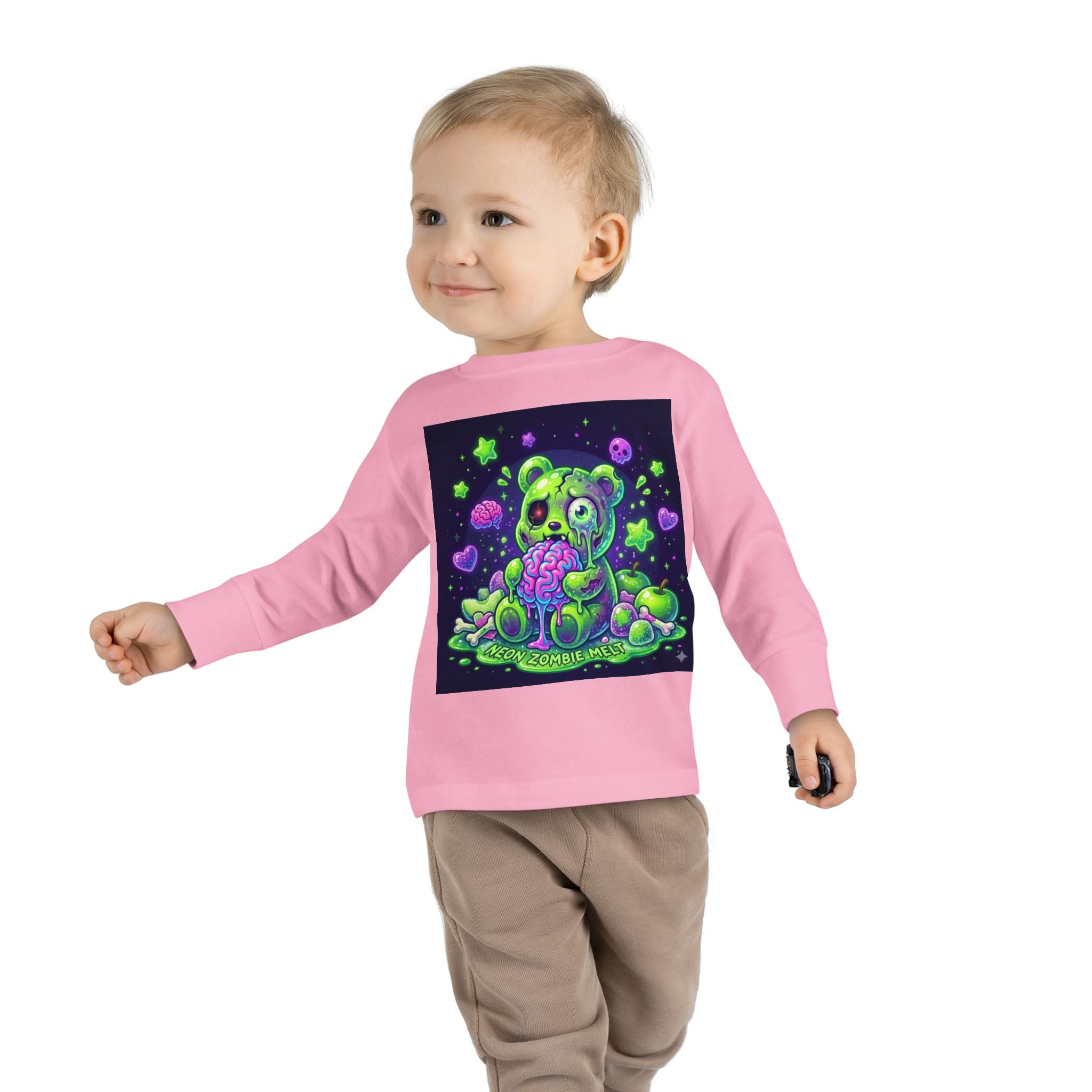 Neon Zombie Oozy Bear Gummy Halloween Addition- Kids Graphic Long Sleeve Shirt
