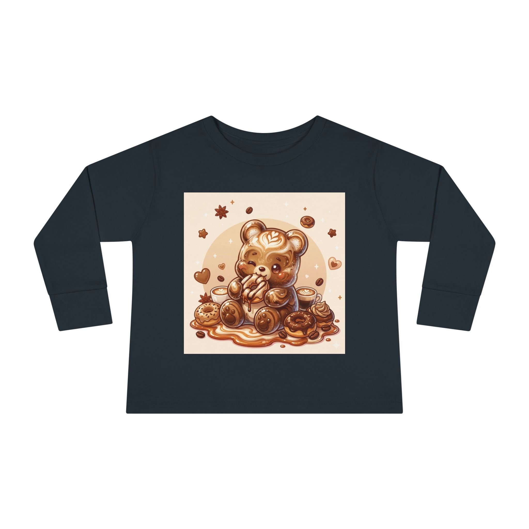 Coffee & Donuts with Chocolate, Oozy Bear Gummy Girls— Kids Illustrated Long Sleeve Shirt