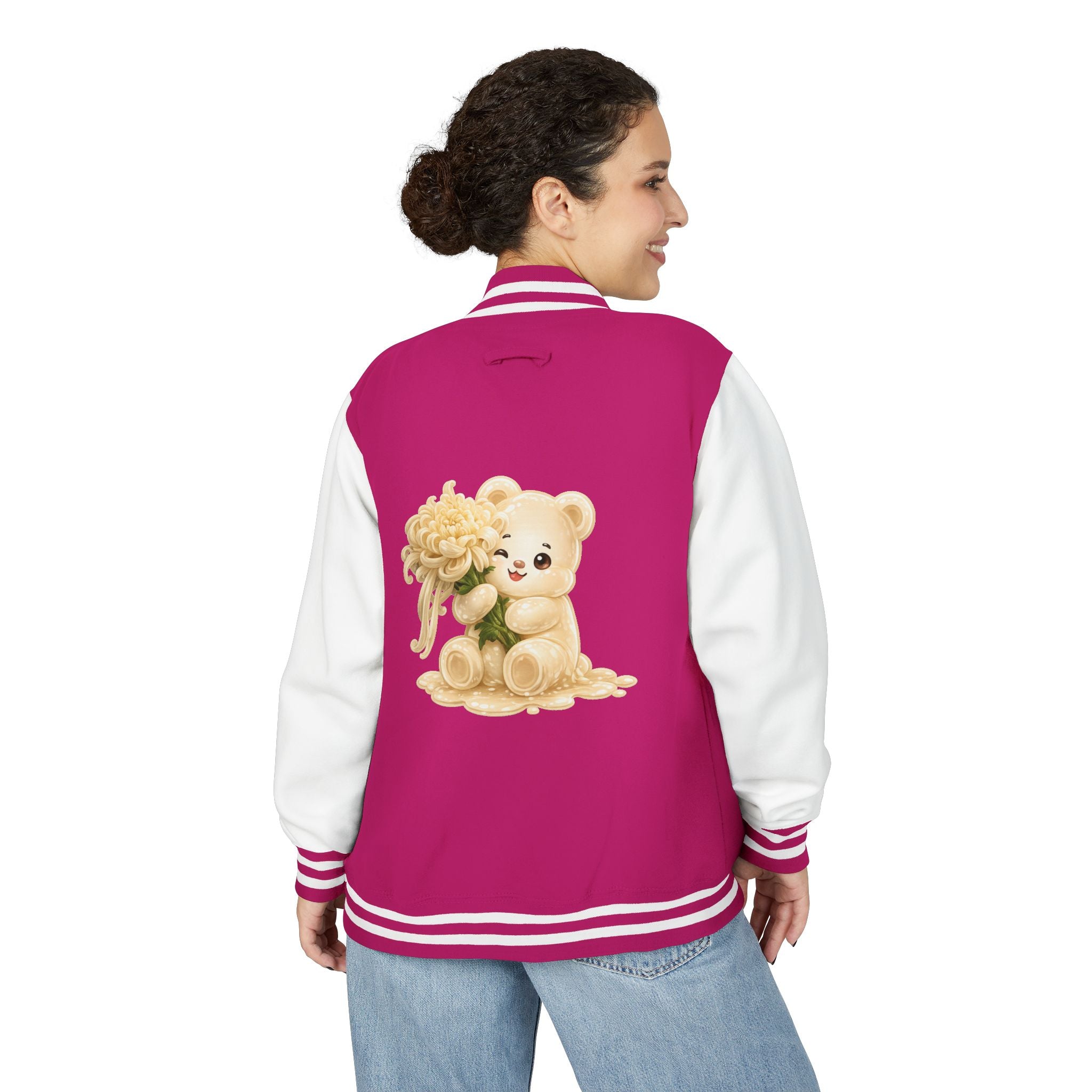 Creamy White Chrysanthemum Flower Addition, White Oozy Bear Gummy Friend- Lettermen Graphic Jacket