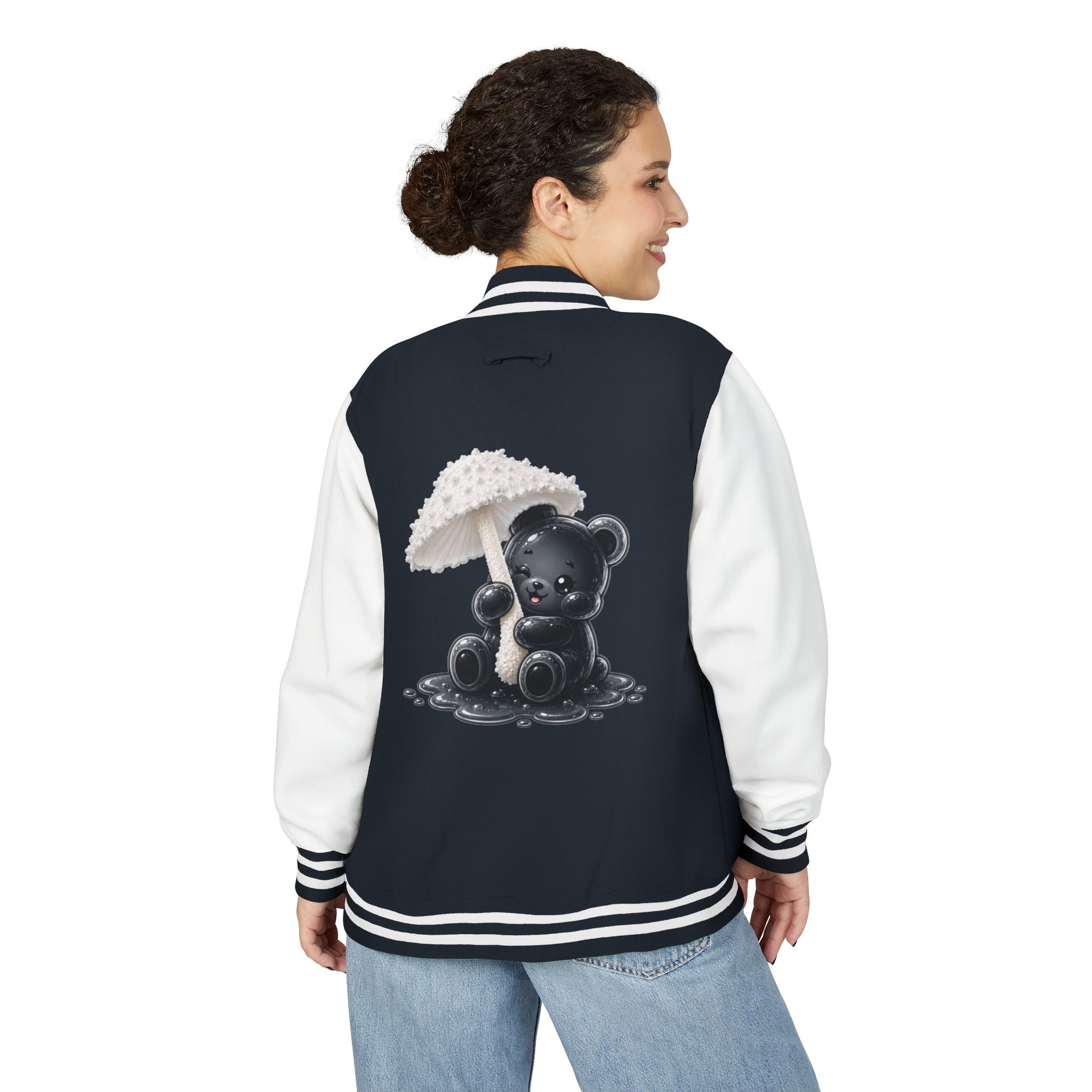 White Mushroom Umbrella, Black Gooey Gummy Bear — Kawaii Graphic Varsity Jacket