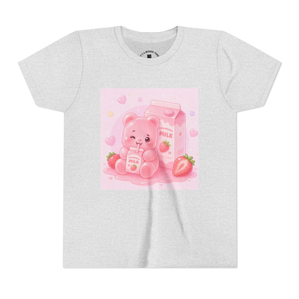 Kids' Pink Strawberry Milk Gooey Gummy Bear— Cute Youth Short Sleeve Shirt
