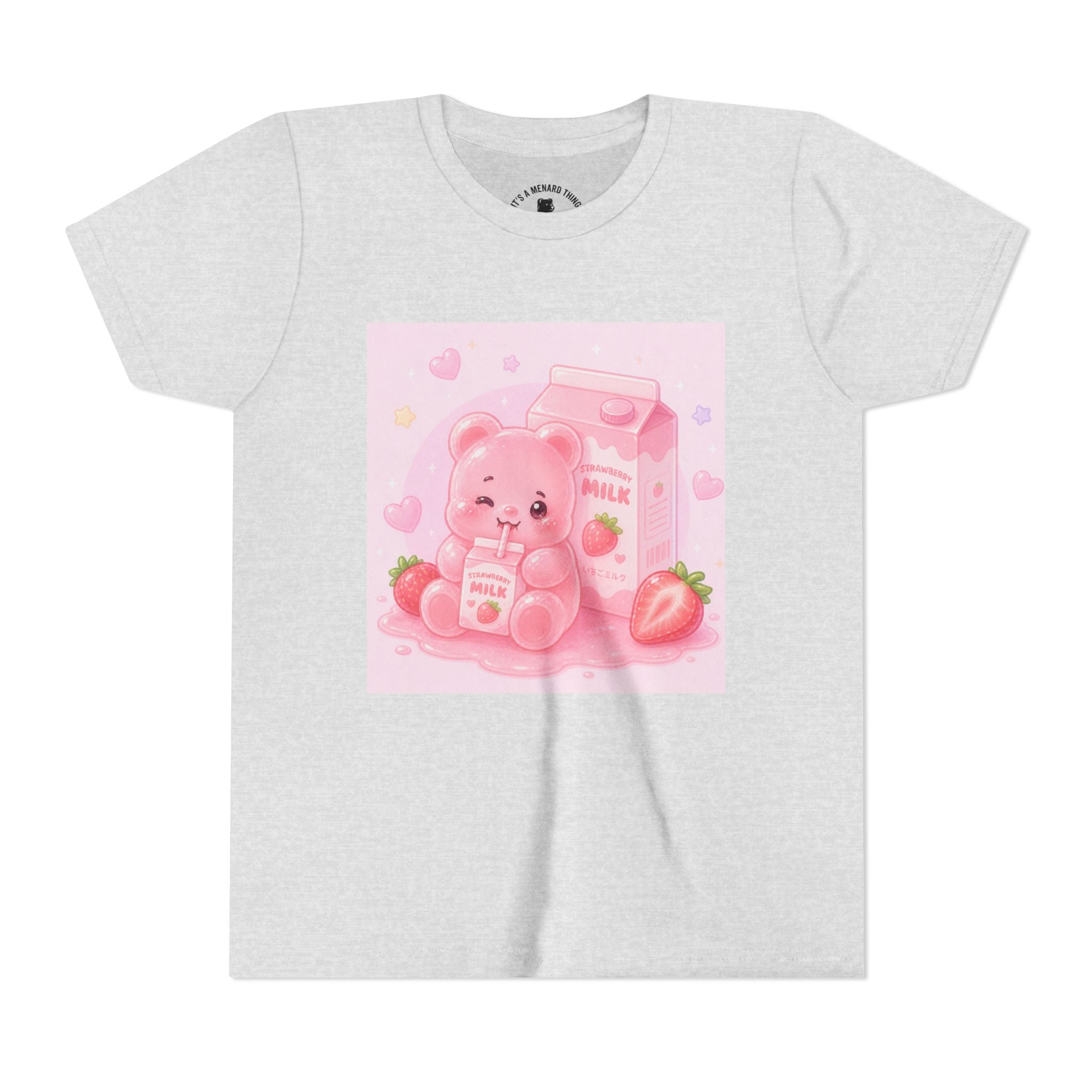 Kids' Pink Strawberry Milk Gooey Gummy Bear— Cute Youth Short Sleeve Shirt