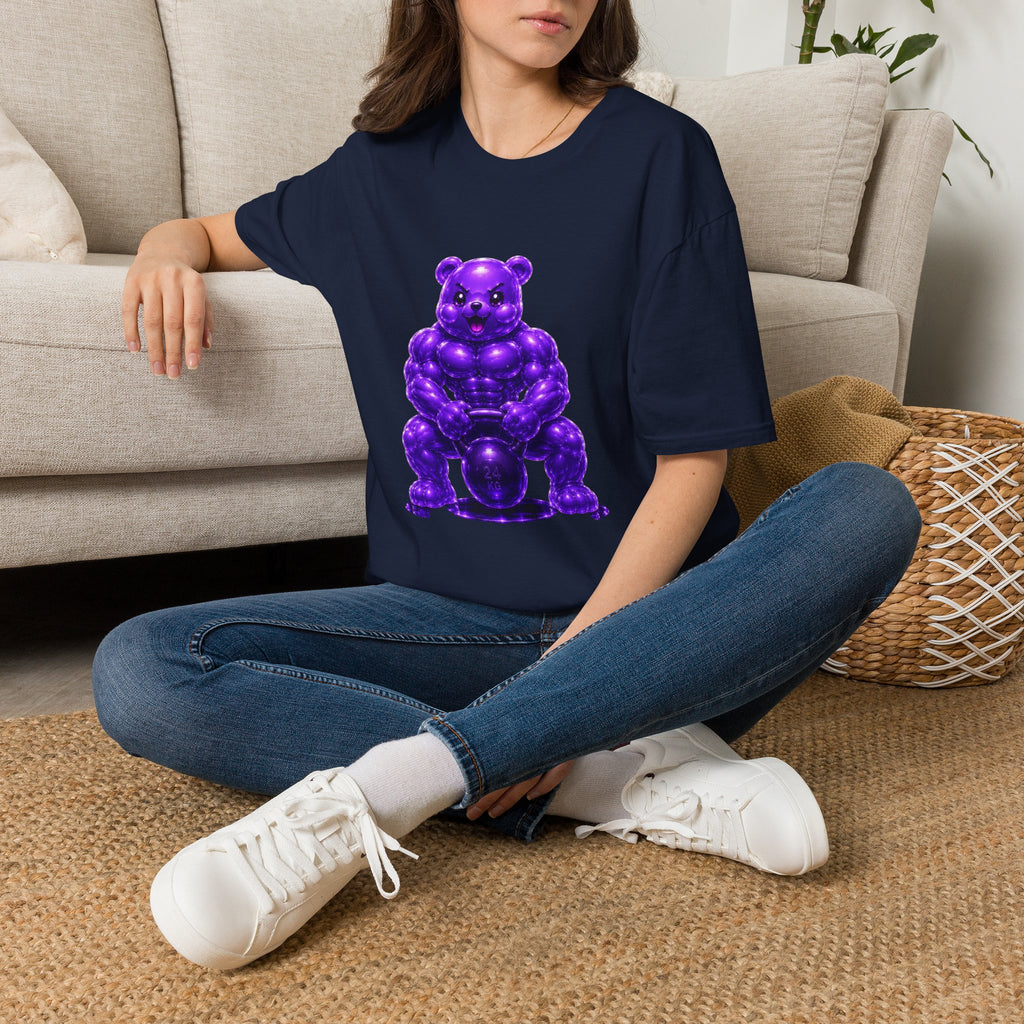 Brawny Violet Oozy Buff Bear with Kettleball Weight- Adult Graphic Shirt (18+)