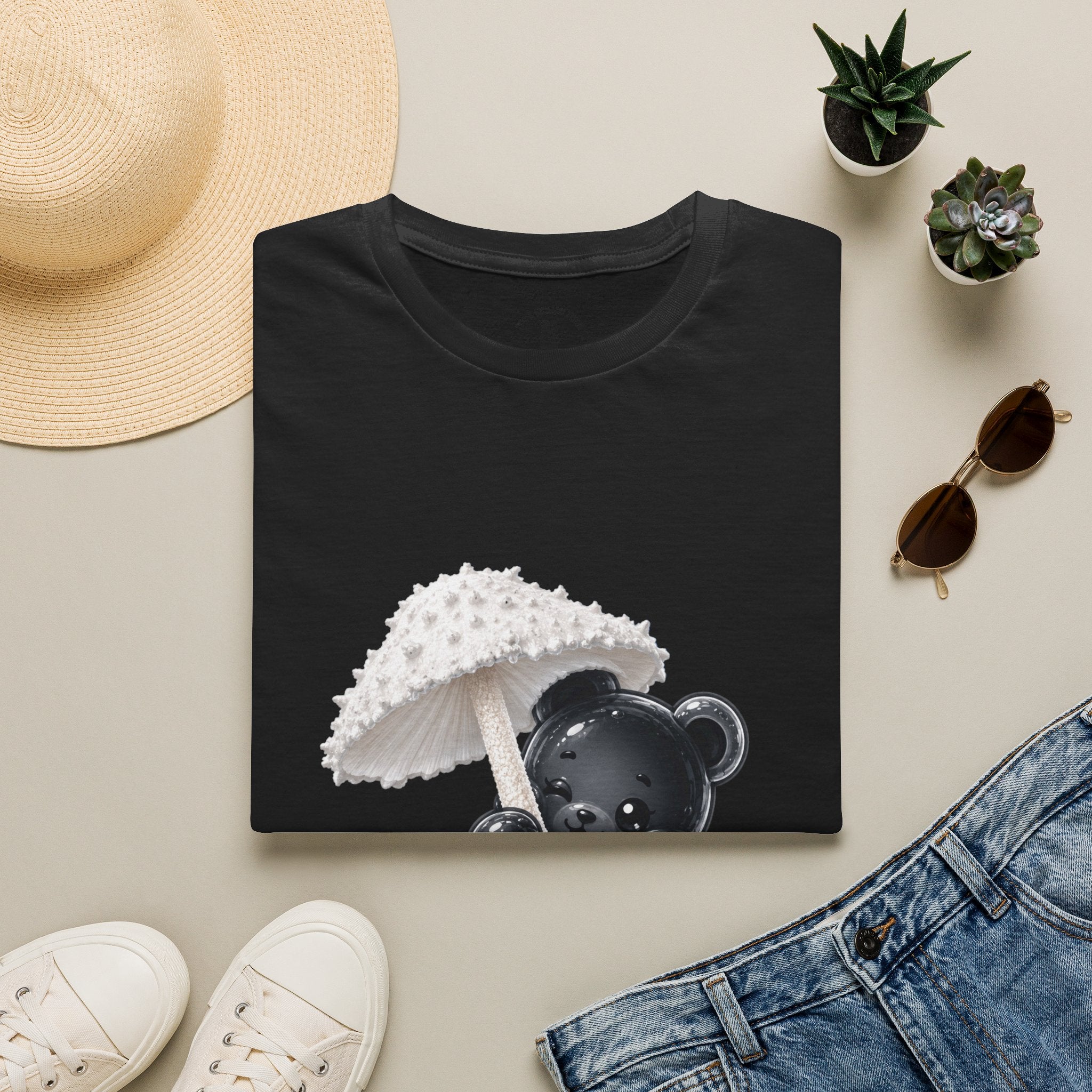 Beautiful Veiled White Mushroom, Black Oozy Bear Gummy Friend- Graphic Shirt