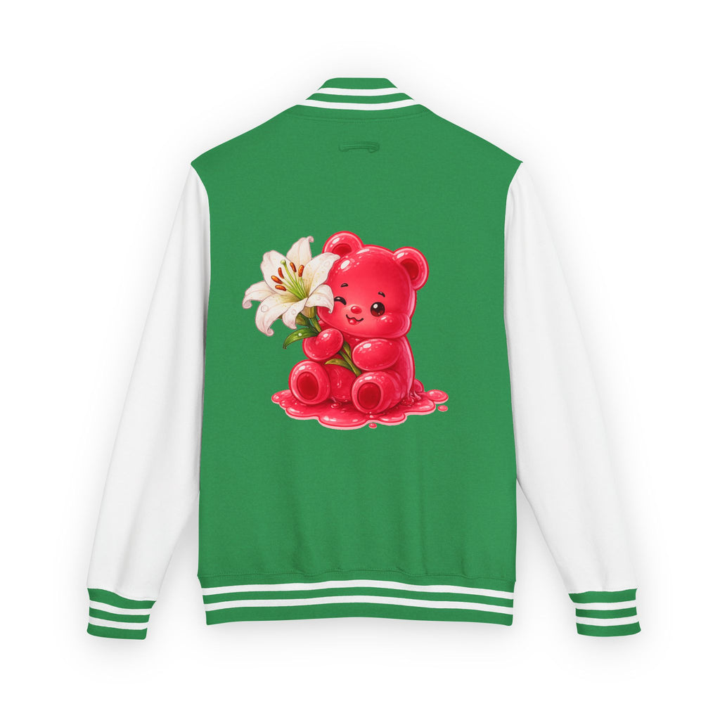 White Lilies, Red Gooey Gummy Friend — Kawaii Graphic Varsity Jacket
