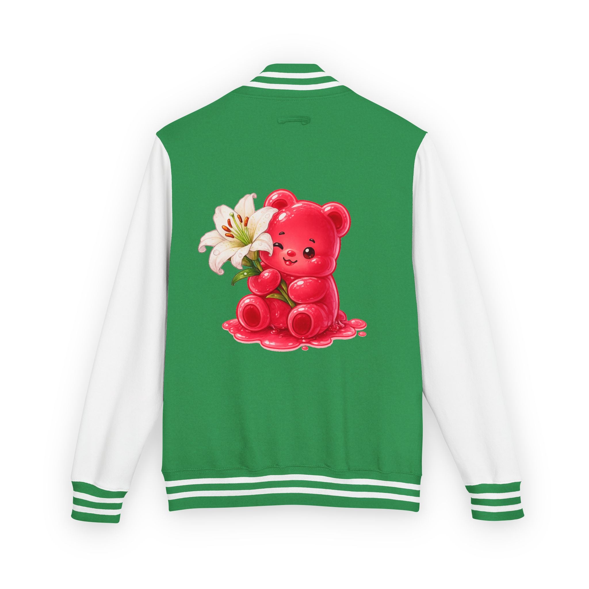 White Lilies, Red Gooey Gummy Friend — Kawaii Graphic Varsity Jacket
