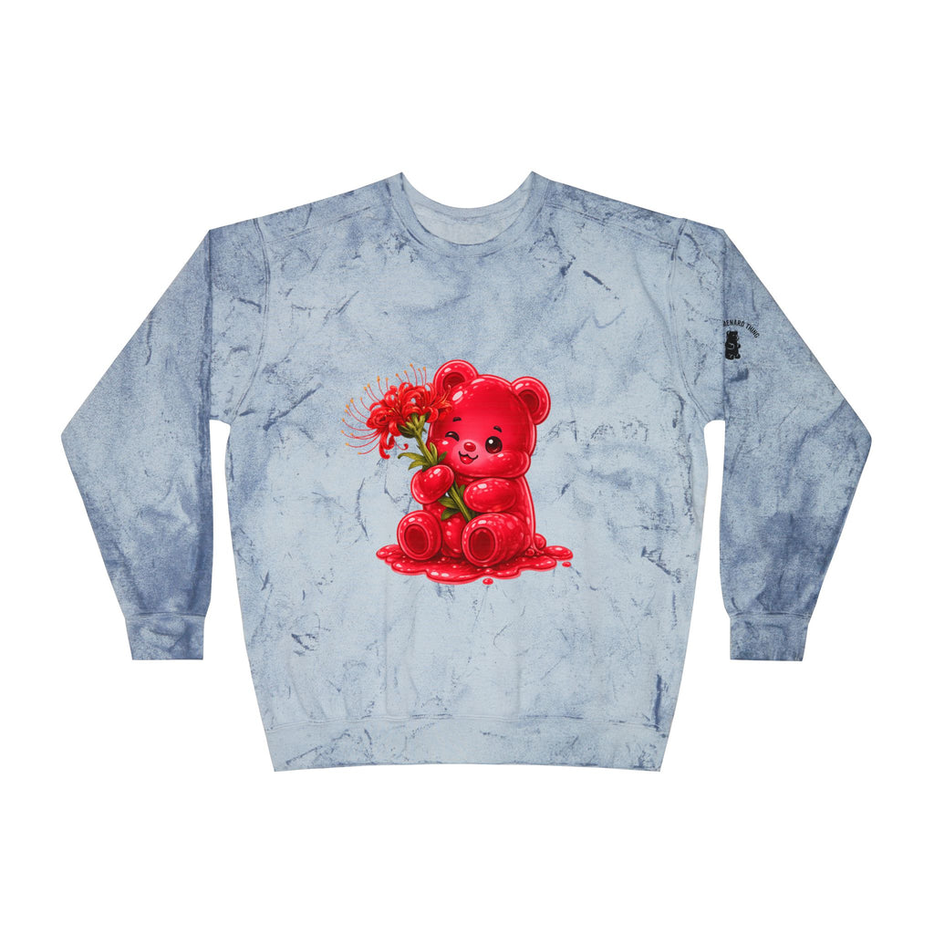 Beautiful Red Spider Lily Bloom, Oozy Bear Gummy Friend- Graphic Tie-Dye Sweater