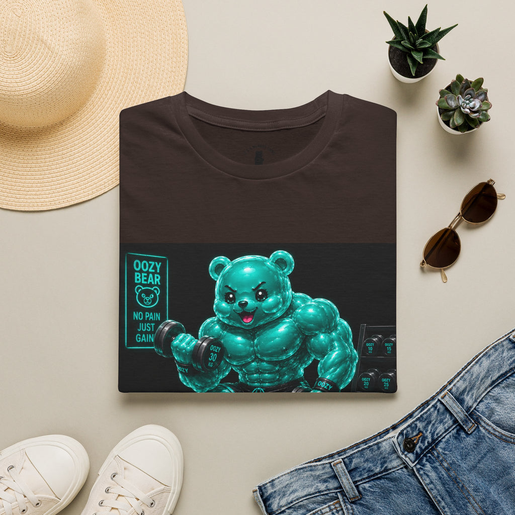Working Out, Teal Oozy Buff Bear Gummy Gym Addition- Adult Graphic Shirt