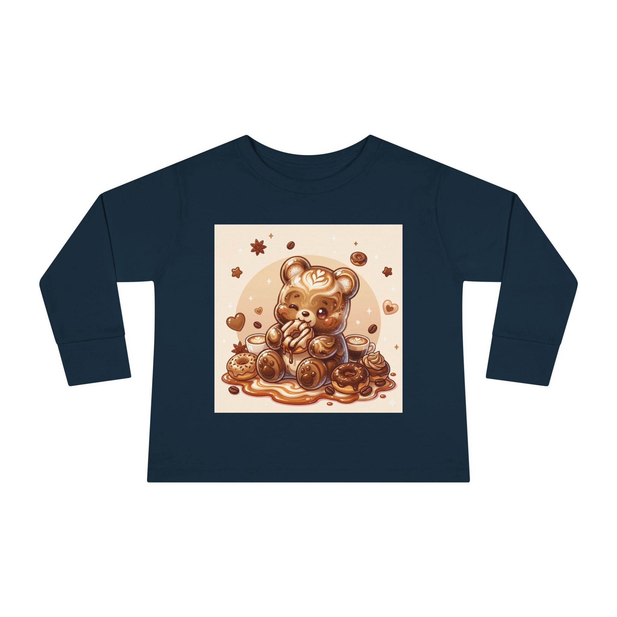 Coffee & Donuts with Chocolate, Oozy Bear Gummy Girls— Kids Illustrated Long Sleeve Shirt