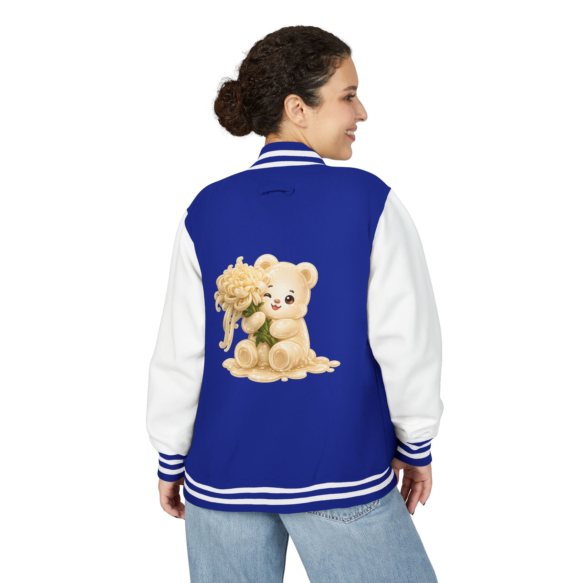 Creamy White Chrysanthemum Flower Addition, White Oozy Bear Gummy Friend- Lettermen Graphic Jacket