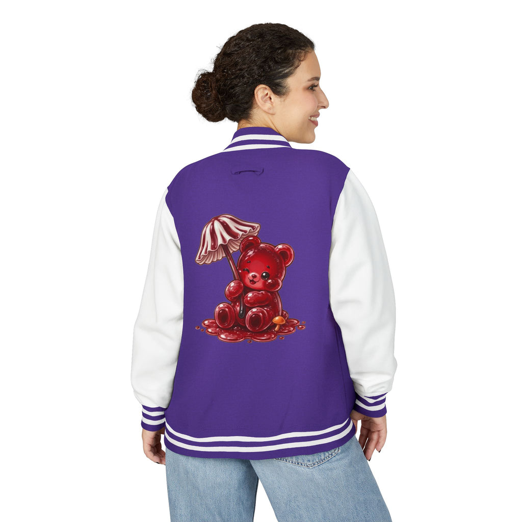 Red Stripped Mushroom Umbrella, Oozy Bear Gummy- Letterman Graphic Jacket