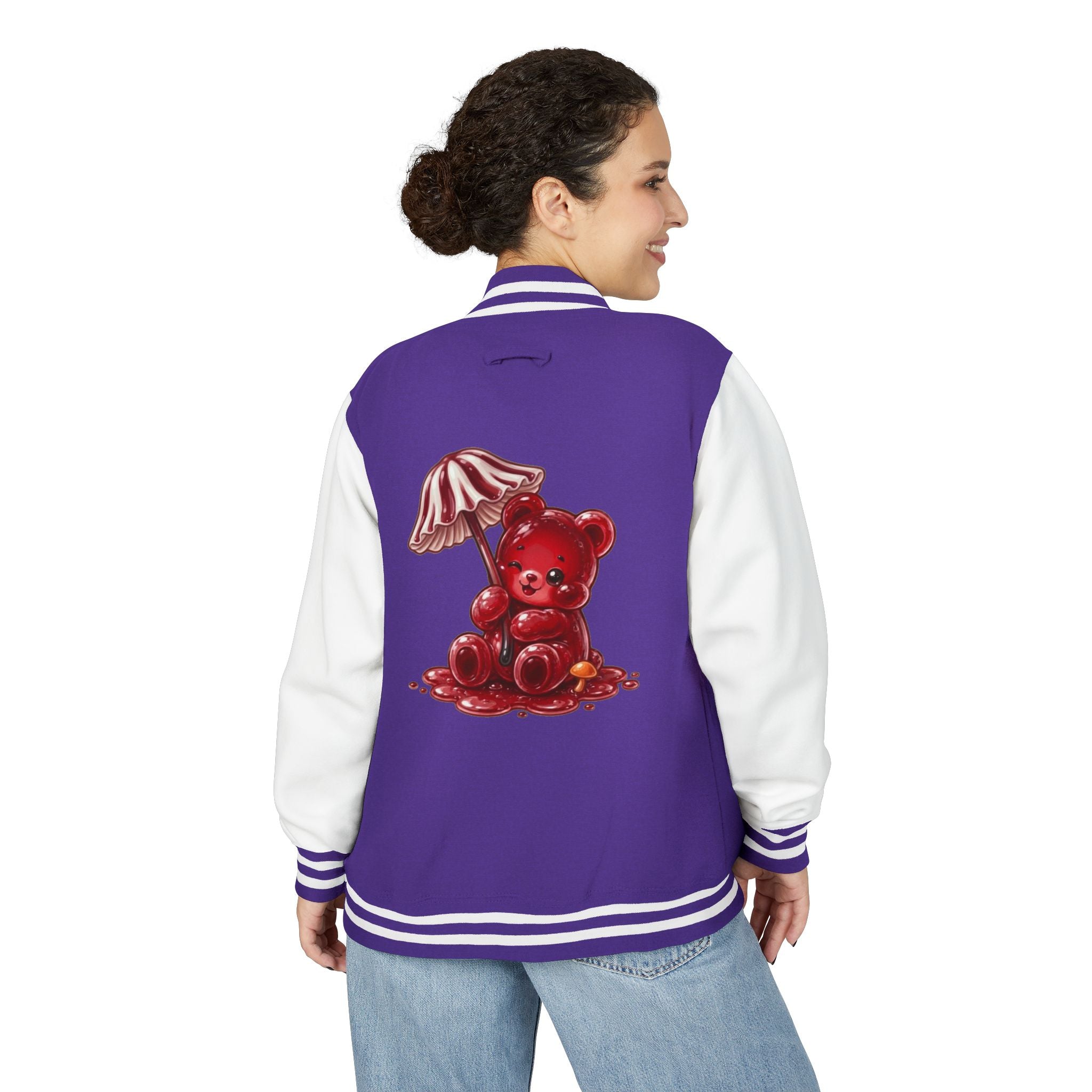 Red Stripped Mushroom Umbrella, Oozy Bear Gummy- Letterman Graphic Jacket