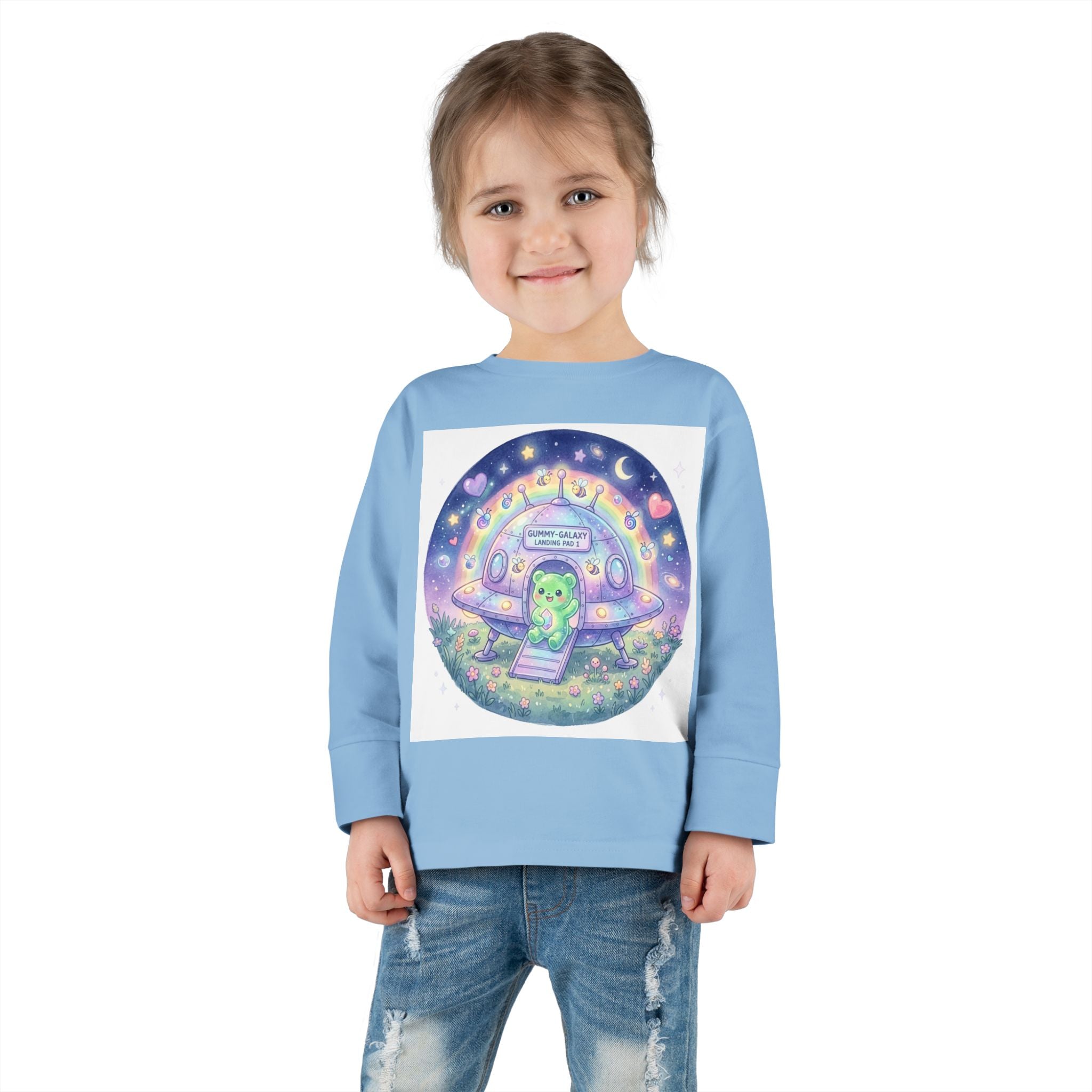 Cute Alien UFO Nightscape Oozy Bear Special- Graphic Long Sleeve Shirt