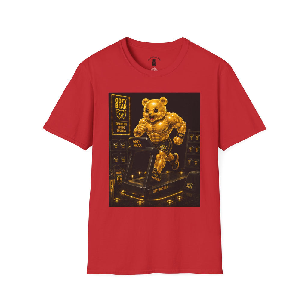 Running The Treadmill, Golden Yellow Oozy Buff Bear Workout- Adult Graphic Shirt