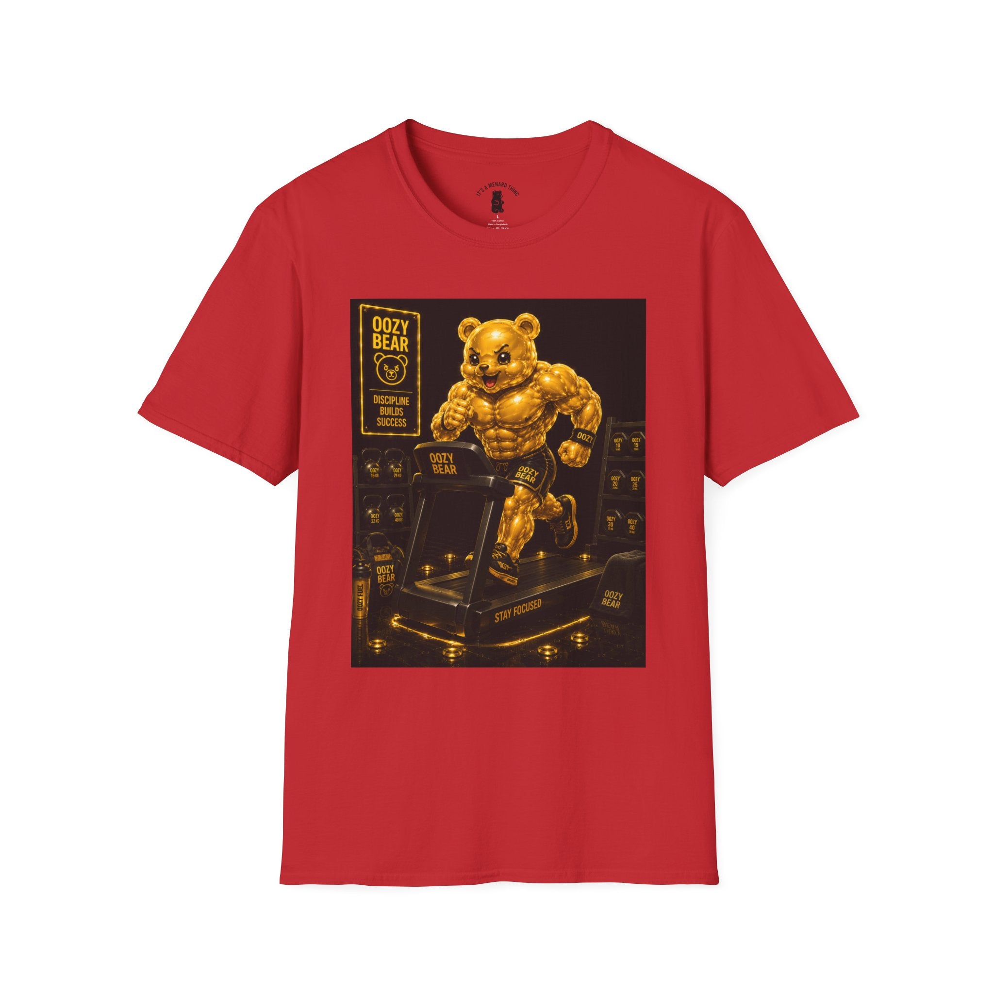 Running The Treadmill, Golden Yellow Oozy Buff Bear Workout- Adult Graphic Shirt