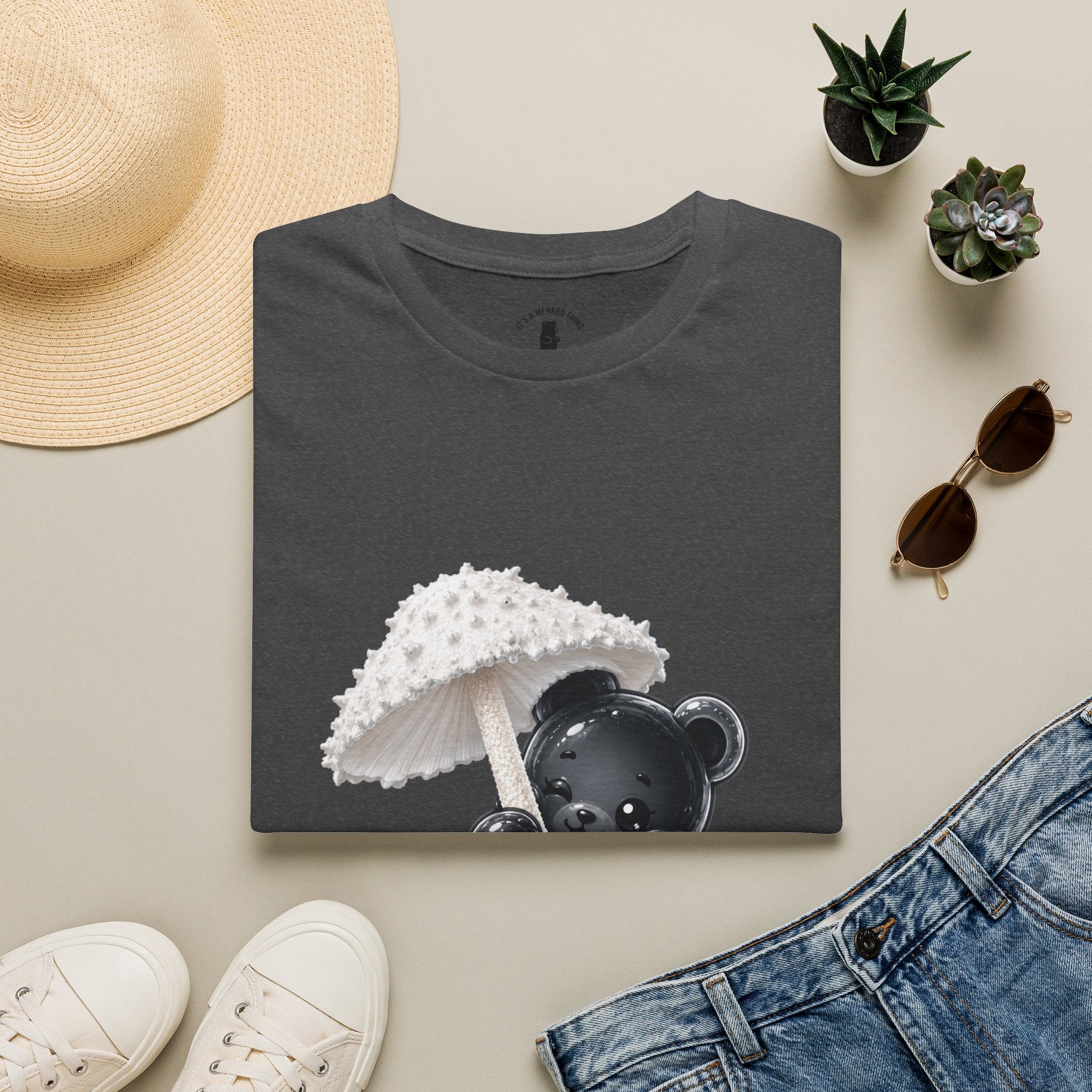 Beautiful Veiled White Mushroom, Black Oozy Bear Gummy Friend- Graphic Shirt