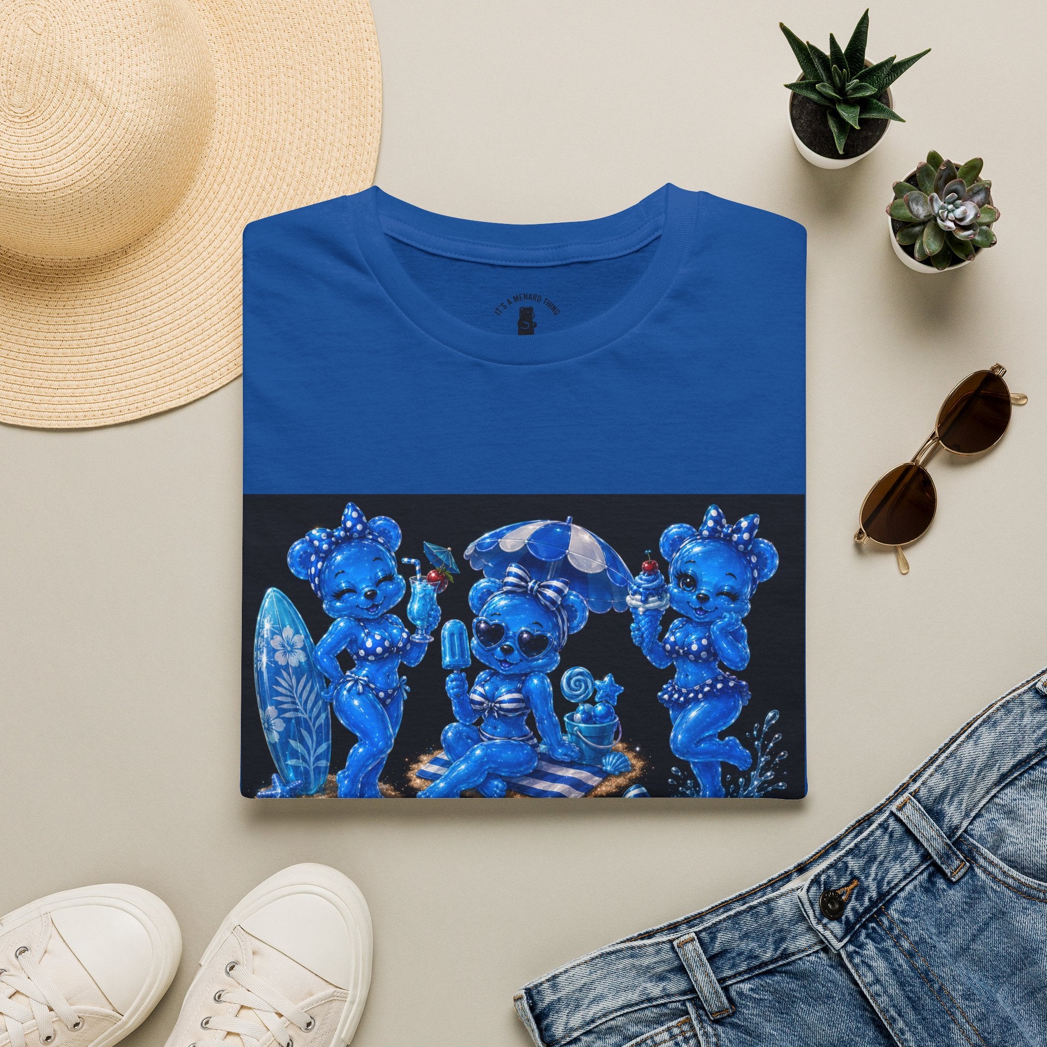 Retro Kawaii Blue Oozy Bear Pin Up Beach Babe- Adult Graphic Shirt (18+)