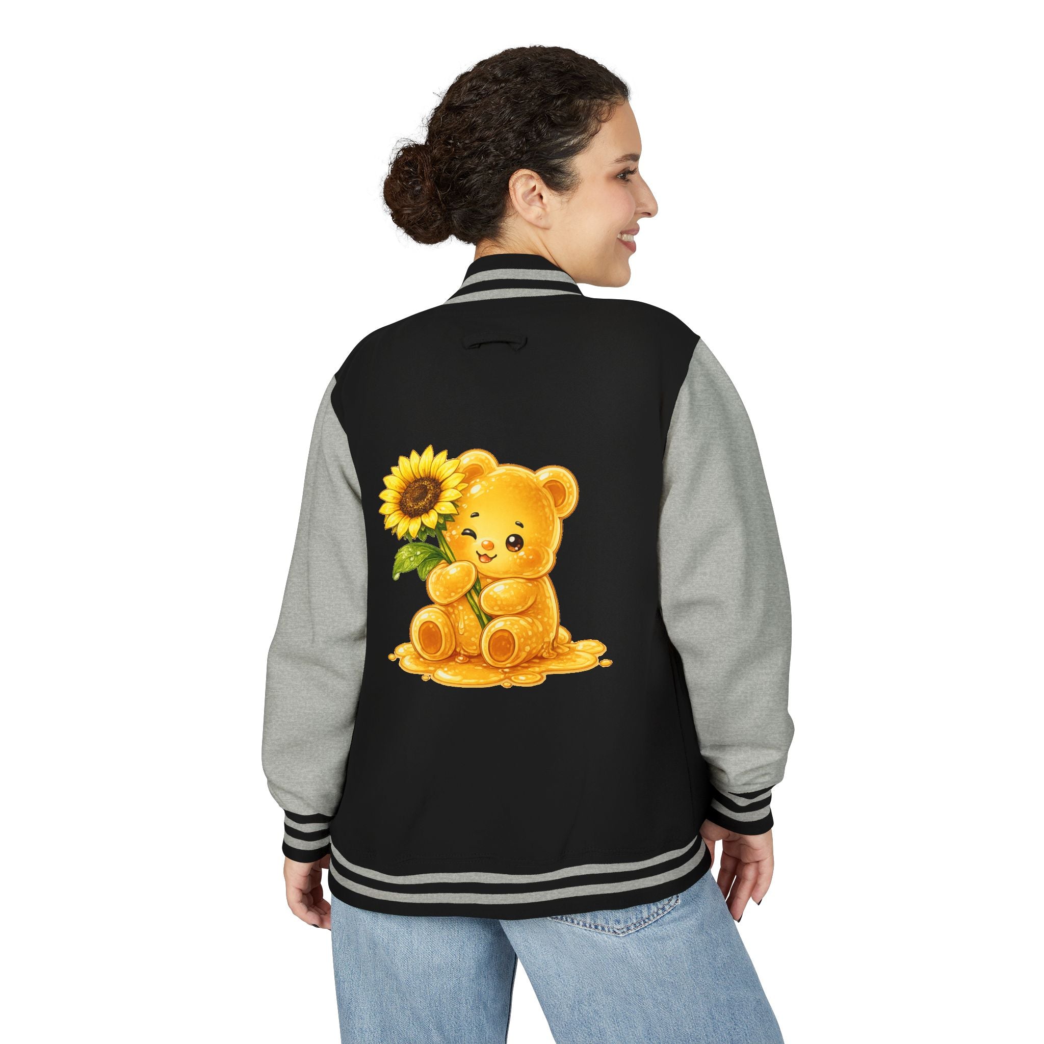Sunflower Sunrise, Special Yellow Gooey Gummy Friend- Kawaii Varsity Jacket