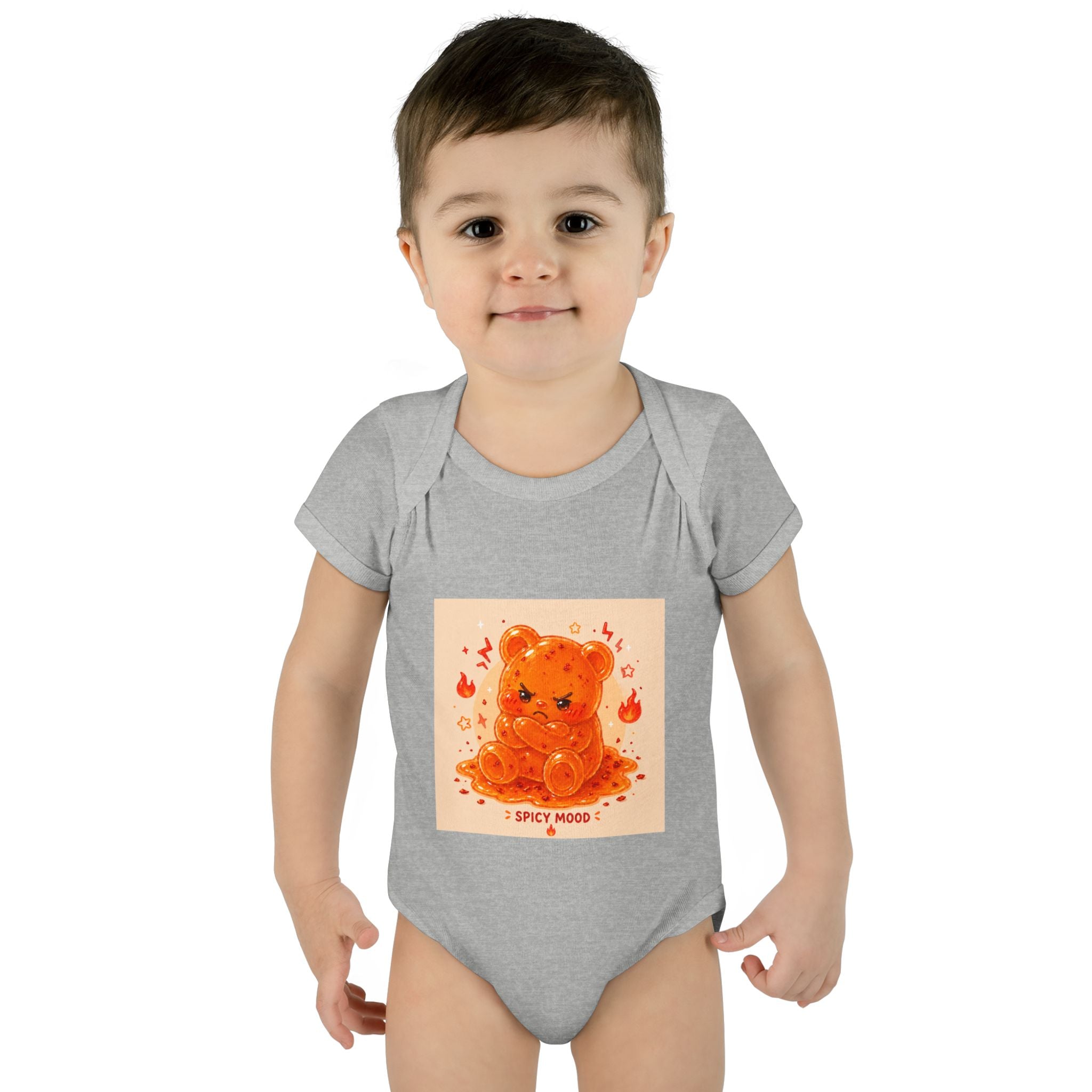 Spicy Mood Orange Gooey Gummy Bear Bodysuit — Cute Hot Pepper Bear Baby Onesie