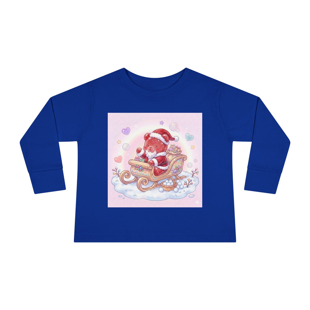 Cute Santa Oozy Bear in Sleigh Christmas- Graphic Long Sleeve Shirt