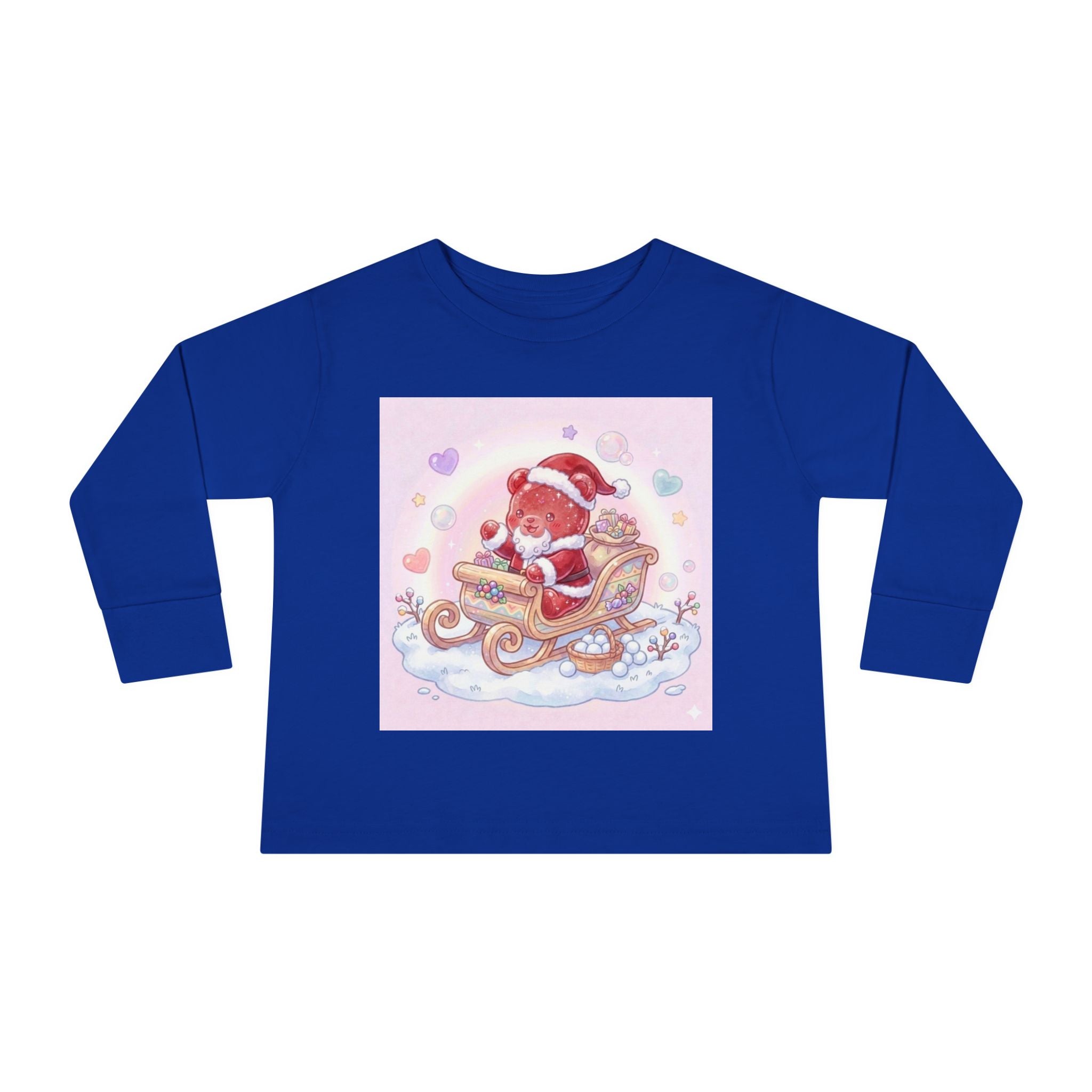 Cute Santa Oozy Bear in Sleigh Christmas- Graphic Long Sleeve Shirt