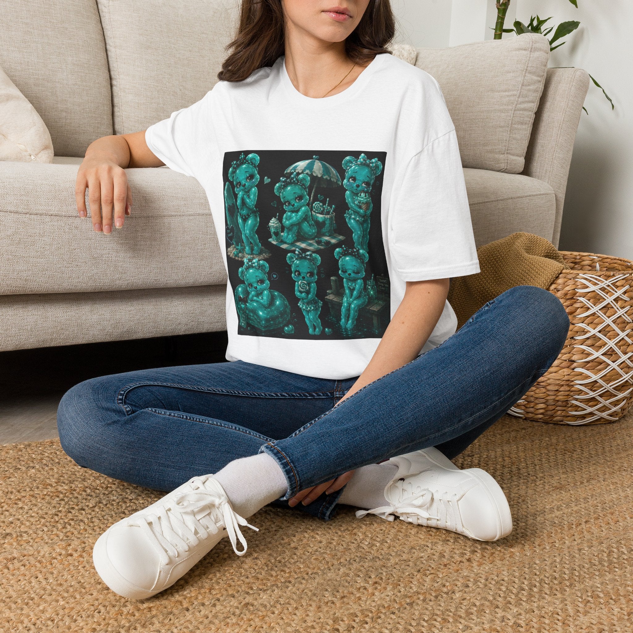 Kawaii Shy Teal Beach Babe Oozy Bear Gummy Pin Up- Adult Graphic Shirt (18+)