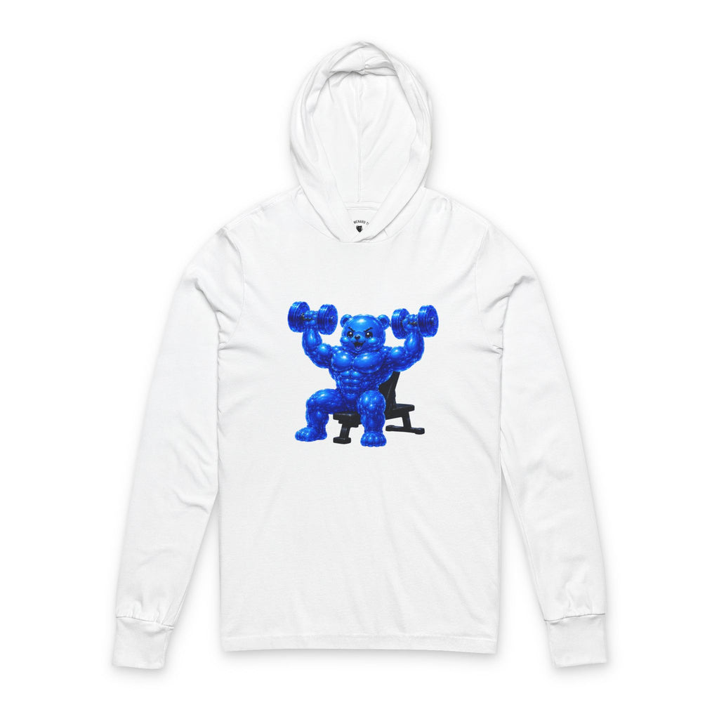 Lifting Weights, Deep Blue Oozy Buff Bear Gummy Gym Addition- Adult Graphic Sweatshirt