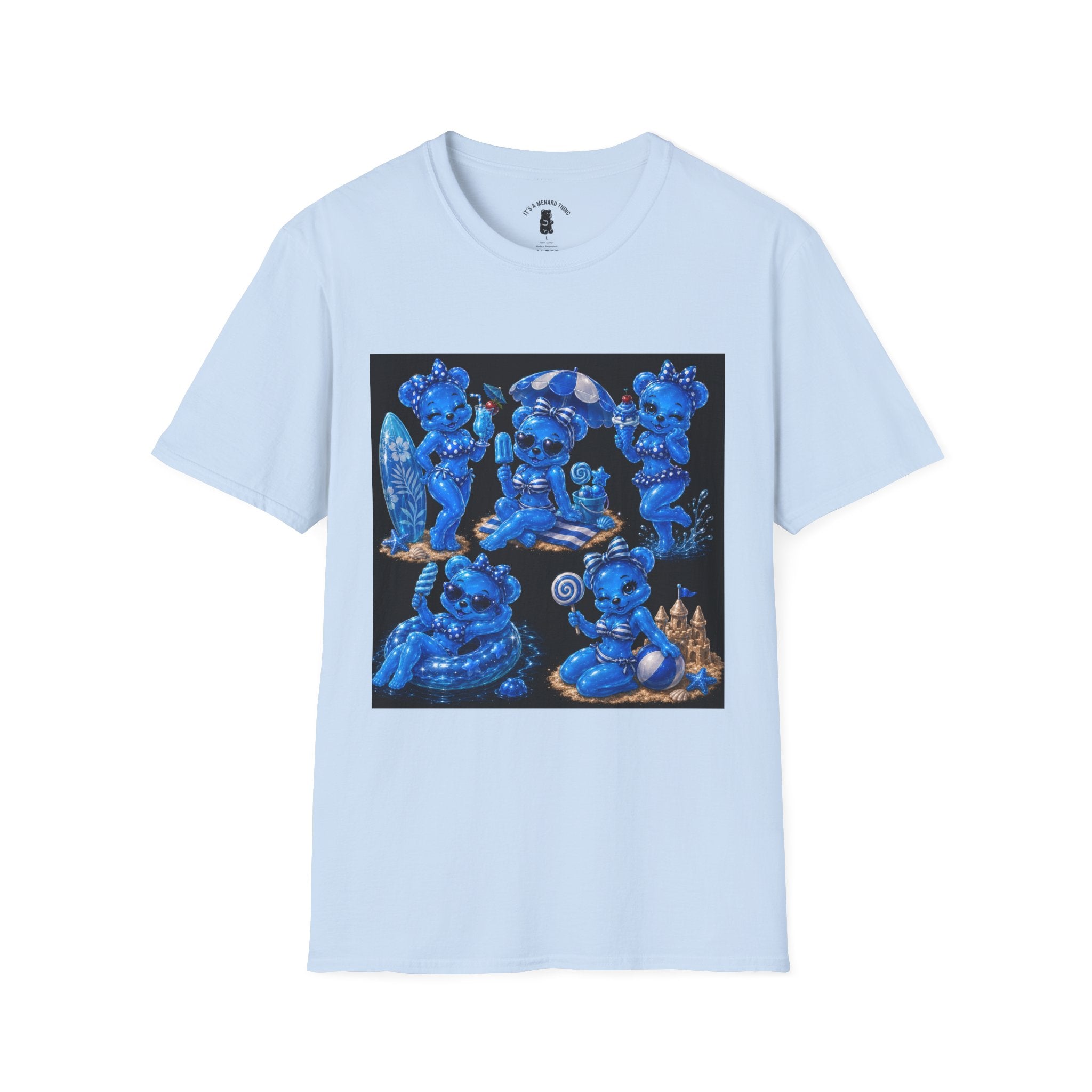 Retro Kawaii Blue Oozy Bear Pin Up Beach Babe- Adult Graphic Shirt (18+)