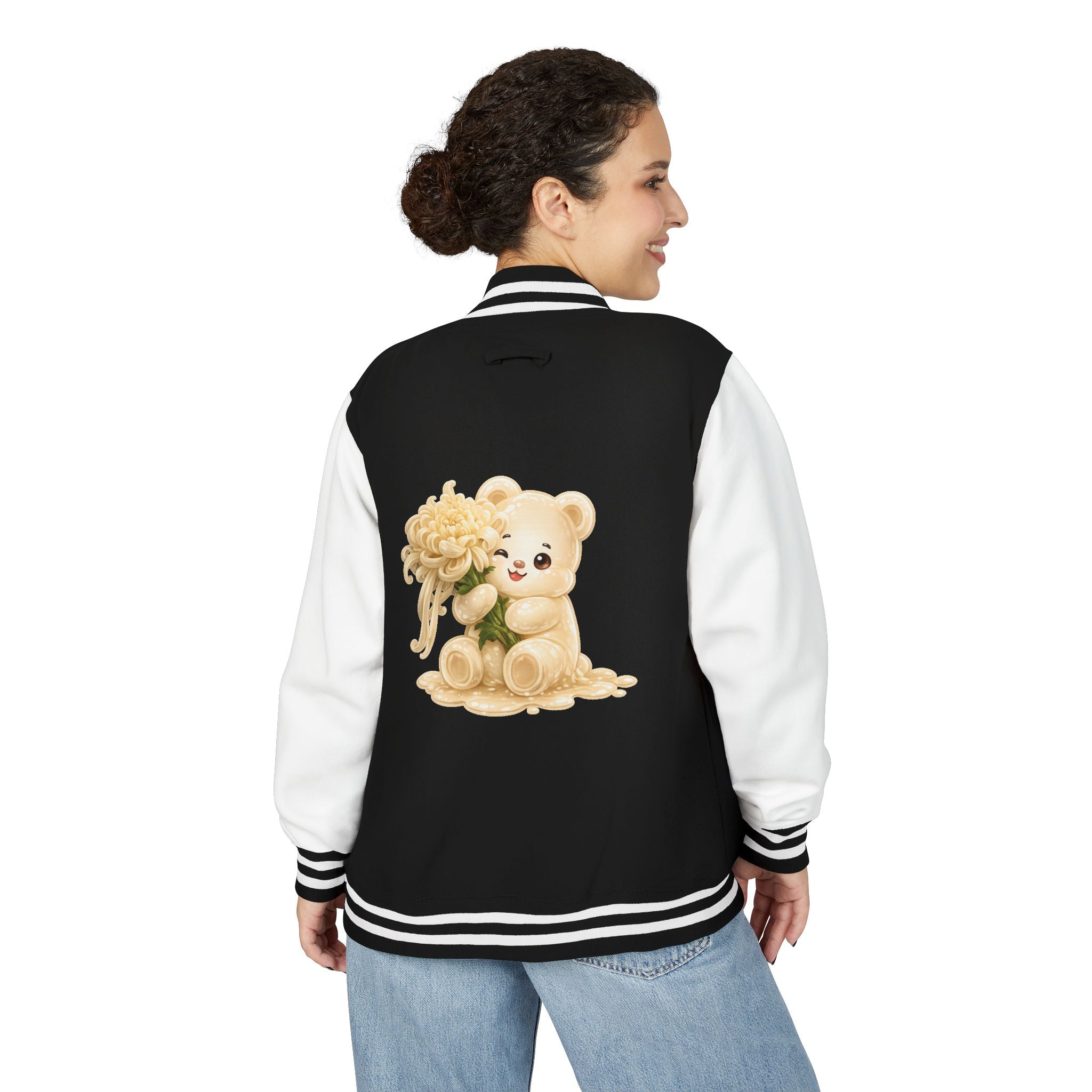 Creamy White Chrysanthemum Flower Addition, White Oozy Bear Gummy Friend- Lettermen Graphic Jacket