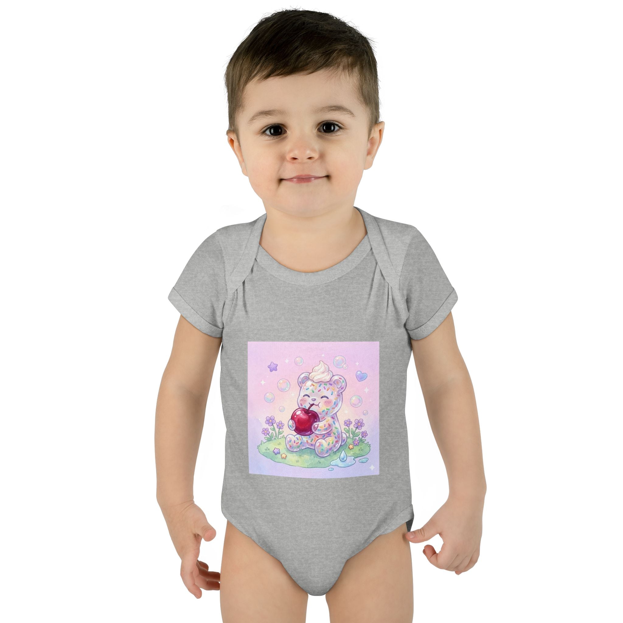 Gooey Gummy Birthday Sprinkles Cake bear eating a Cherry- Infant Onesie
