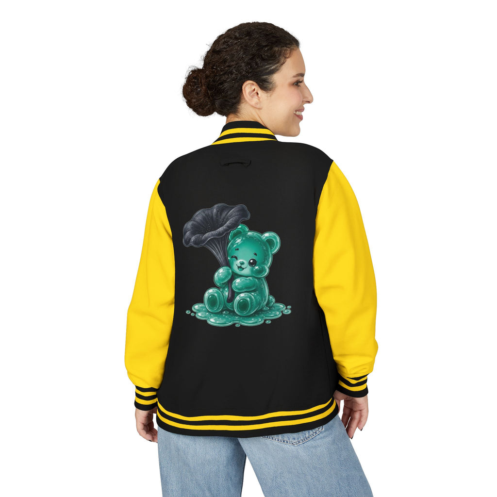 Black Trumpet Mushroom, Teal Oozy Bear Gummy Friend- Letterman Graphic Jacket
