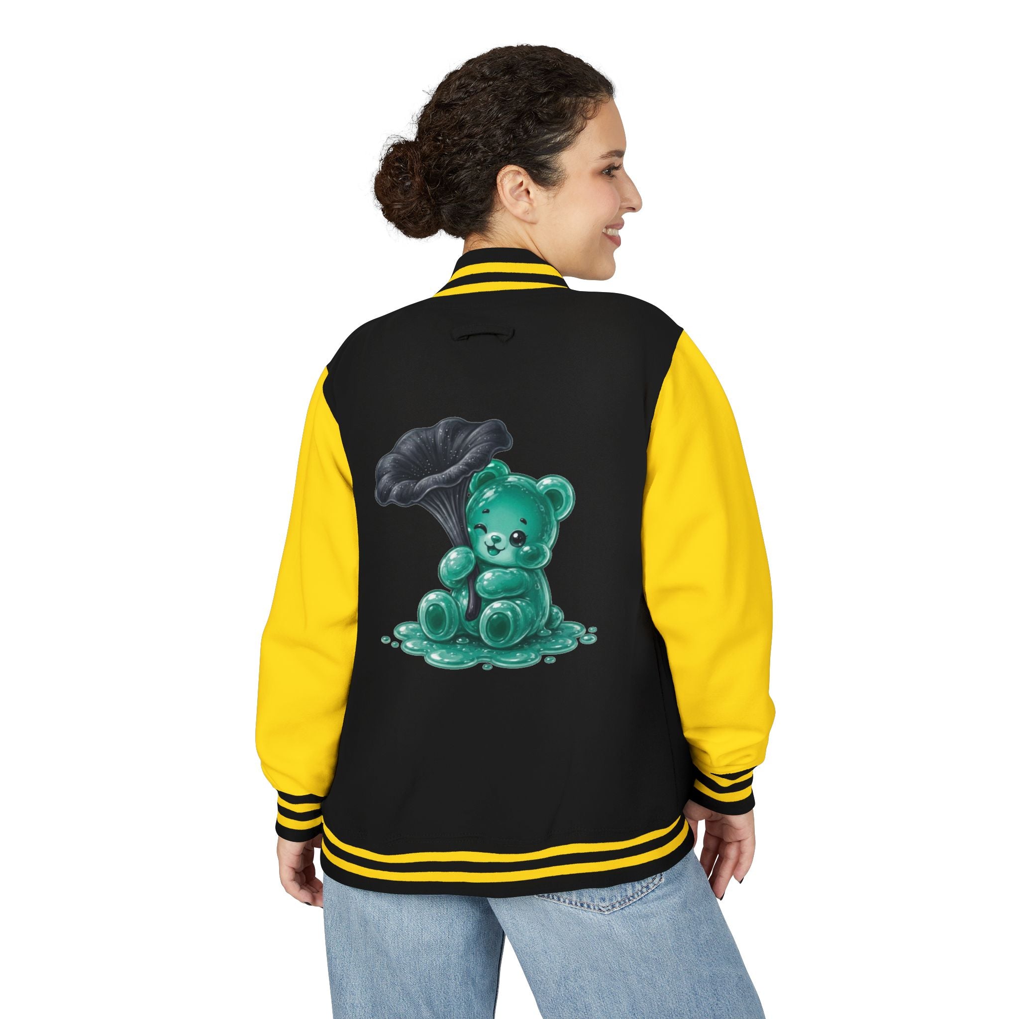 Black Trumpet Mushroom, Teal Oozy Bear Gummy Friend- Letterman Graphic Jacket